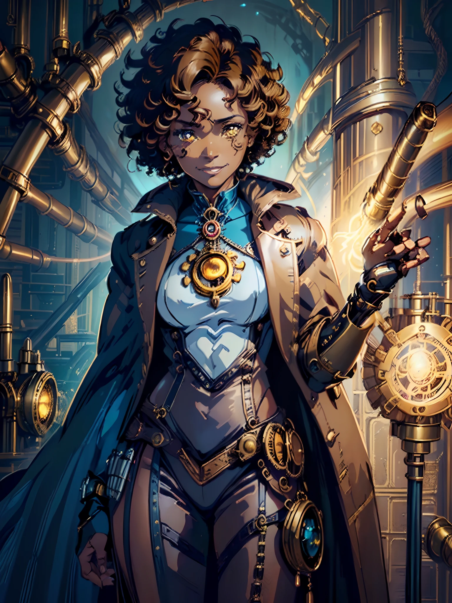 ((One woman around 40 years old, dark skin)),(((mature face))),((with magic aura around her)), brown hair, (yellow pupils), ((short curly hair, afro)),((fantasy rich blue wizard outfit)), (cunny smile), (((Only one steampunk arm cannon))), ((proud)), (((one scar on face))),((aged))