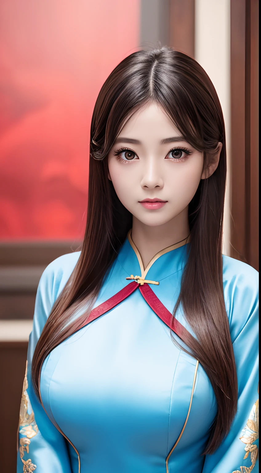 finest image, (8k, RAW photo, realistic), neat and beautiful Japanese woman, iridescent light brown straight hair, blue shining big eyes, long eyelashes, double eyelids, half open crimson alluring moist big thick lips, large breasts, side boobs, under boobs, abs, slender, perfect proportion, full body, black ao dai with golden embroidery, blurry background red