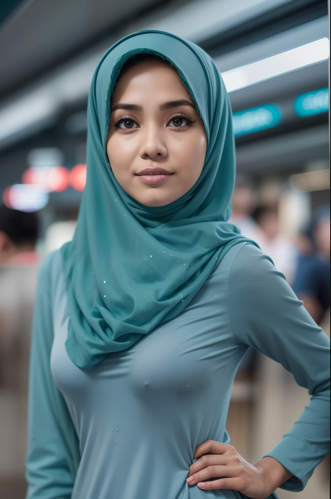 A close up of a woman wearing a blue hijab - SeaArt AI