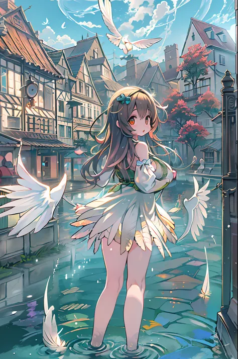 absurderes, hight resolution,, (1girl in, solo), big eyes,, townscape,, (water effects, light effects, fluttering feathers:1.2),...