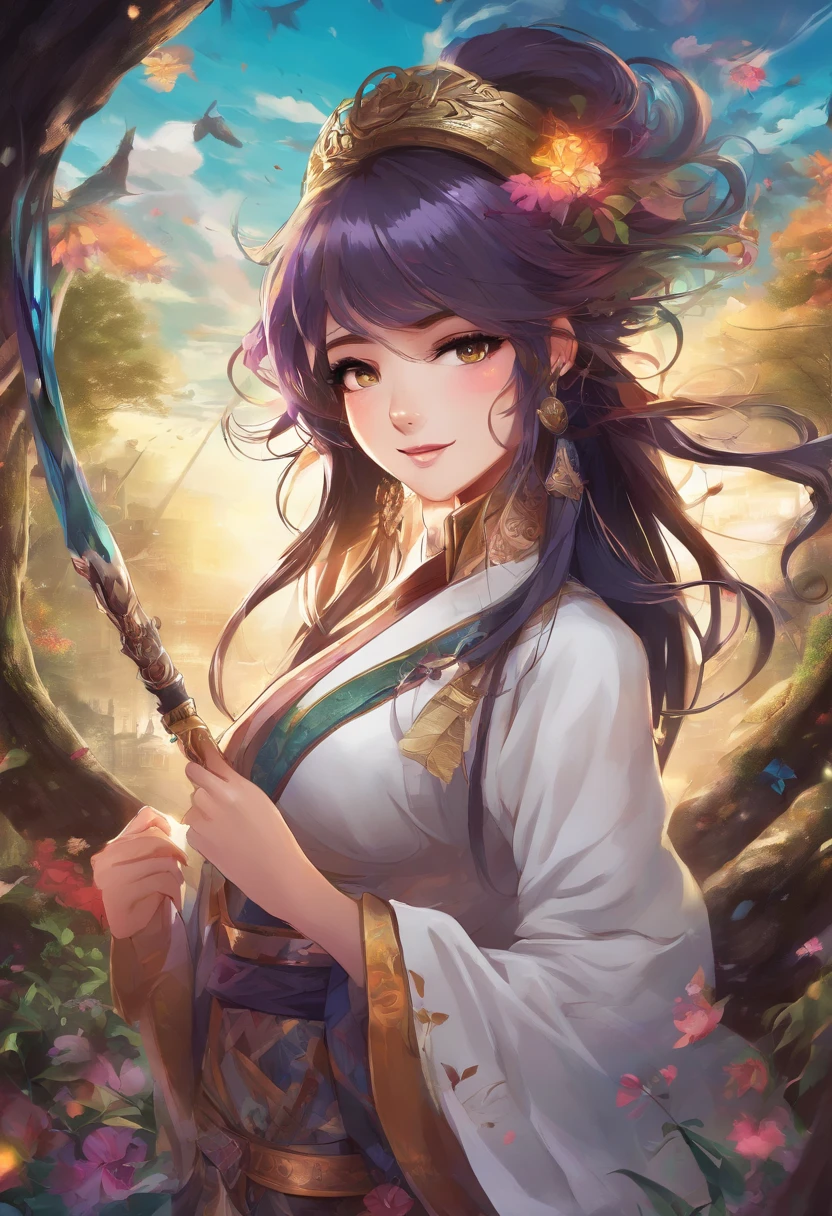 (best quality,4k,8k,highres,masterpiece:1.2),ultra-detailed,(realistic,photorealistic,photo-realistic:1.37),dark fantasy RPG,illustration,long hair,perfect,2D character,detailed brown eyes,medium length hair,left side dark brown,purple right side,perfect character design,girl with brown eyes medium length hair,Fantastic world ambiance,wizard robe,adventurous expression,holding a magic wand,beautiful detailed lips,ornate headband,leather belt,combat boots,half-smile,character with a mysterious past,scrolls and potions,forest background,enchanted forest setting,colorful and vibrant palette,magical lighting effects,high contrast shadows,dynamic pose,looking determined,with a hint of mischief,hair flowing in the wind,sharp and defined outlines,soft and subtle shading and highlights,rich textures,fine brush strokes,whimsical and imaginative,non-realistic elements,inspired by traditional Japanese art,with a touch of anime style.