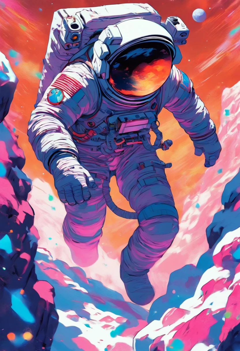 （Astronaut struggling to climb creative poster on snowy mountain）, （struggling：1.37），（Climbing：1.1），（Background with：This is a planet）,  astronaut, detailed astronaut, fully space suited, In space（on moon）, key art, inspired by Yoshihiko Wada, Official poster, character poster, promotional poster art, promotional movie poster,