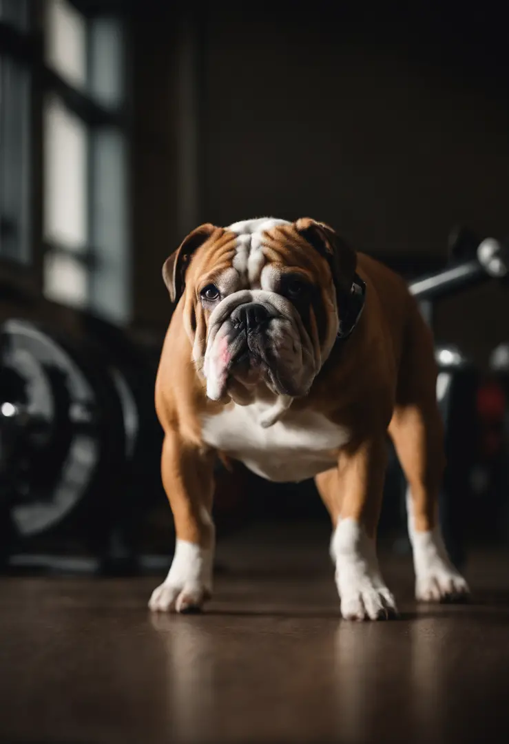Make a Bulldog-like dog working out at a gym