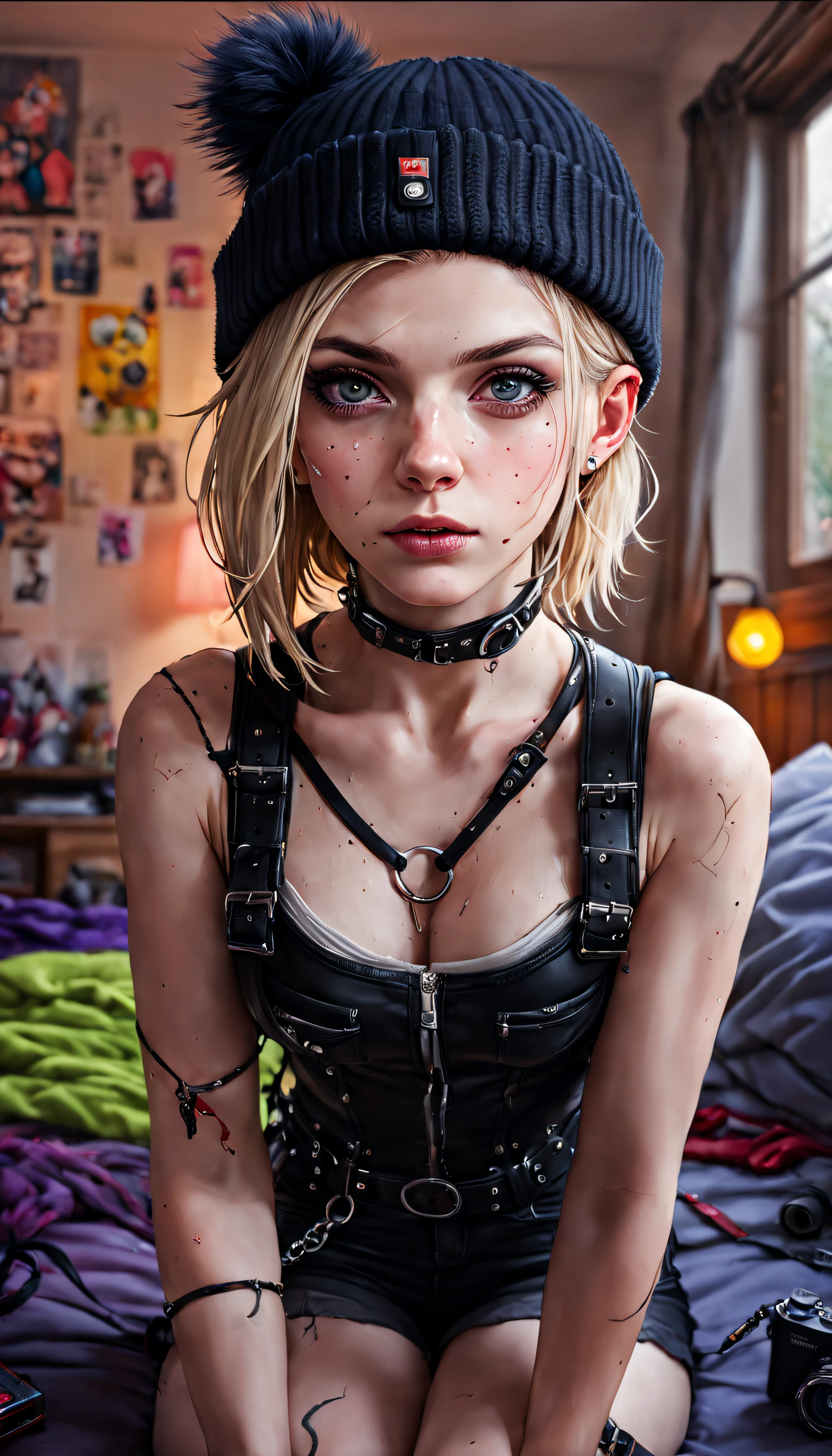 Thorough, analog style, eye focus, highest quality, (highly detailed skin), photo of a exquisitely beautiful pale skin punk Dutch girl, 21yo, (wearing harness, and beanie), perfect face, alluring eyes, [seductive makeup], skin pores, (piercing:0.5), indoor, messy bedroom, (bokeh:0.6), sharp focus, dappled lighting, (backlighting:0.7), film grain, photographed on a Sony A7R IV, 18mm F/1.7 cine lens, (highly detailed, intricately detailed), 8k, HDR, seductively posing, front view, (uppper body:0.9)