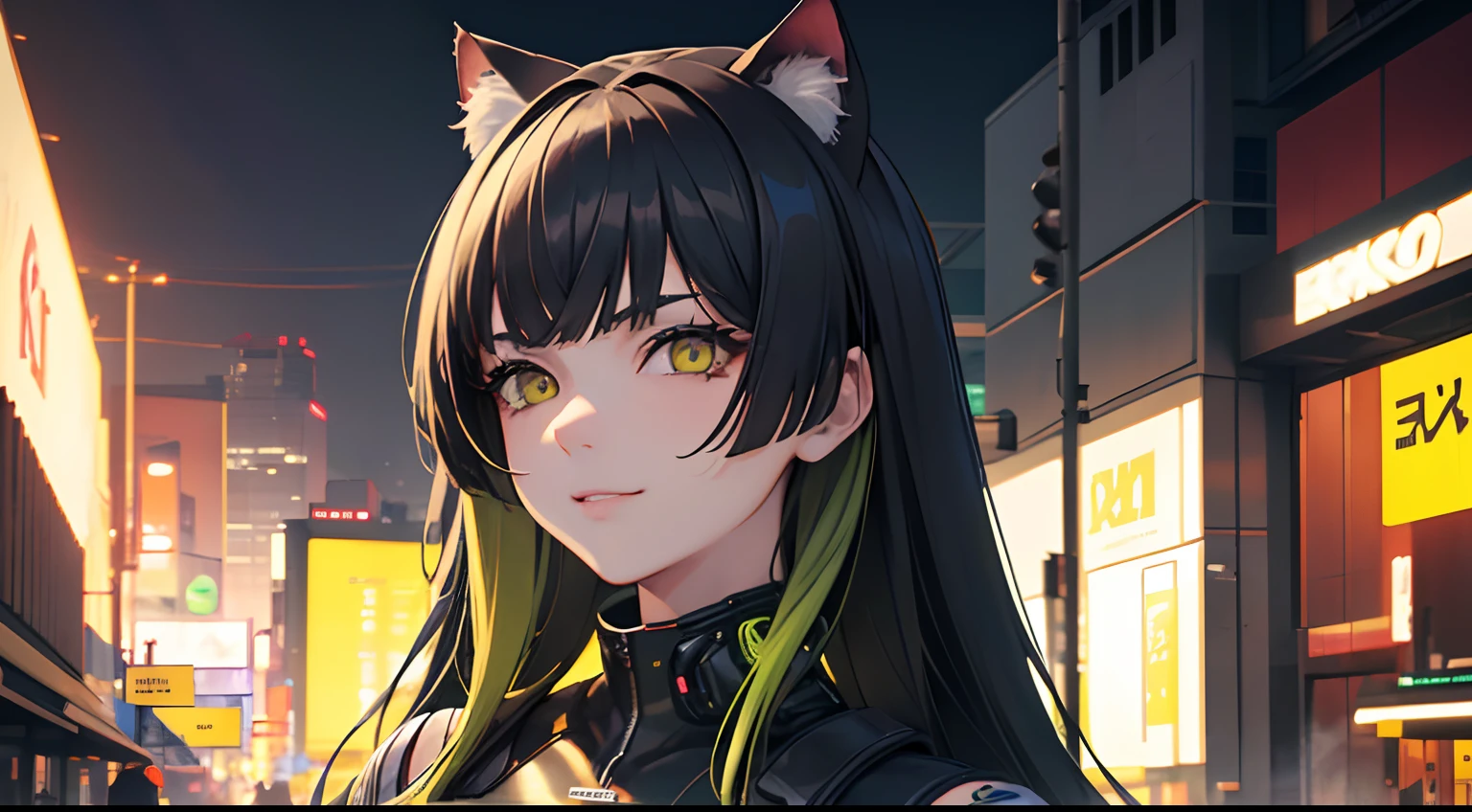 masterpiece, best quality, 1girl, black hair with green highlights, yellow eyes, cat smile, cowboy shot, cyberpunk city, detailed eyes, detailed facial features, realistic and high resolution (best quality, 4k, 8k, highres, masterpiece:1.2)