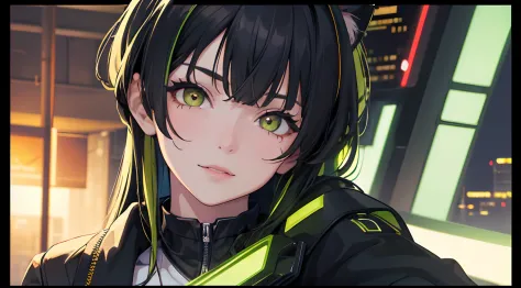 masterpiece, best quality, 1girl, black hair with green highlights, yellow eyes, cat smile, cowboy shot, school uniform, cyberpu...