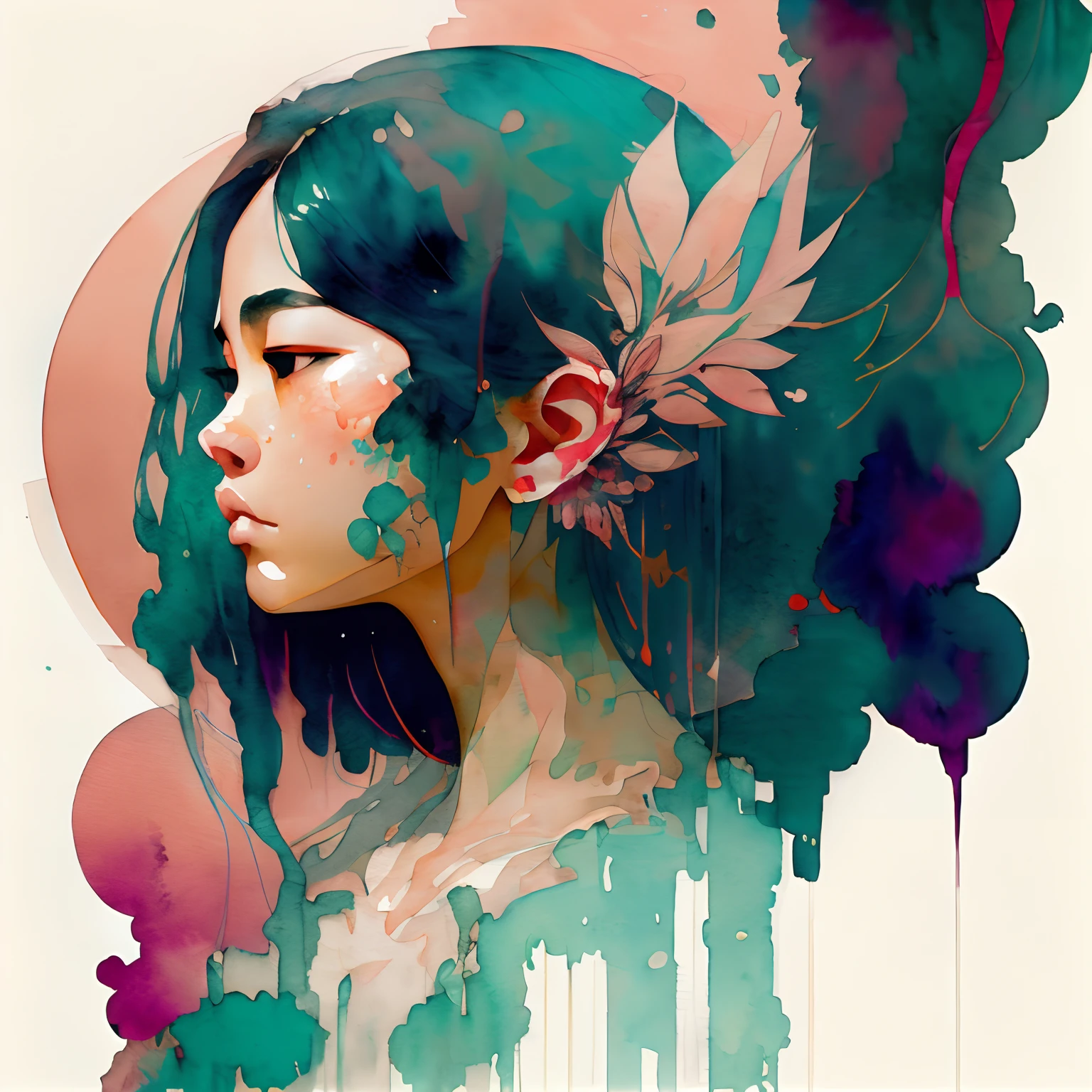 wtrcolor style, Digital art of a tree, official art, masterpiece, Beautiful, ((watercolor)), paint splatter, intricate details. Highly detailed, detailed, [dripping:0.5], Trending on artstation, by Rachel Walker, looking like a real painting, centered, sideshot, asian woman, dark colours, use only dark colours