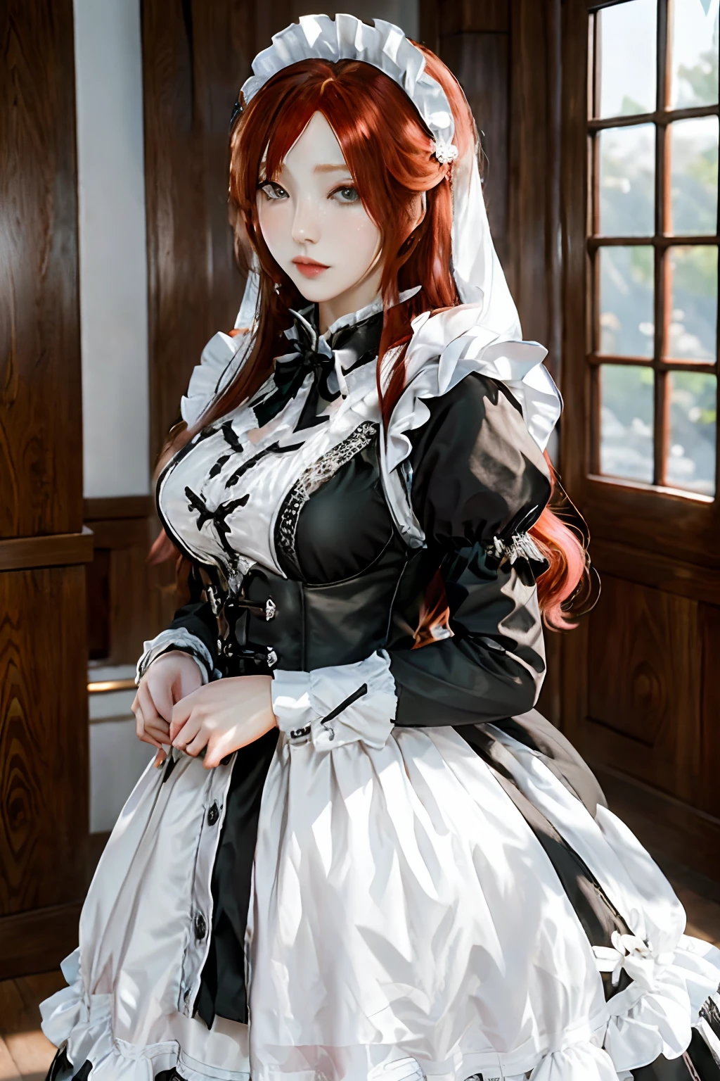 The woman, (European Citizenship: 1.2) In a black and white outfit posing for a photo, maiden! Dress, Anime Girl Cosplay, anime girl in a maid costume, The Magnificent Maiden, maid outfit, cosplay photo, cosplay, anime cosplay, A Few Cute Poses, (Face of the Goddess), (Elegant posture: 1.4), Elegant atmosphere, Noble atmosphere, (Milf: 1.6) (redhead hair: 1.5), (Cyan eyes: 1.4), (maidservant: 1.4), (Black and White Maid Outfit: 1.1), (Incredible beauty, High facial detail:1.3),