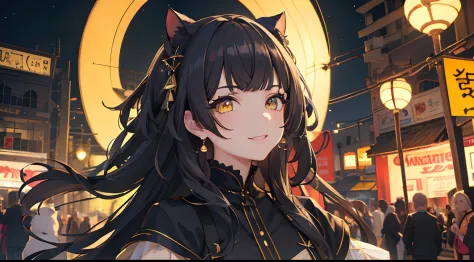 masterpiece, best quality, 1girl, black hair, yellow eyes, cat smile, night festival, detailed eyes, detailed facial features, high resolution (best quality, 4k, 8k, highres, masterpiece:1.2)