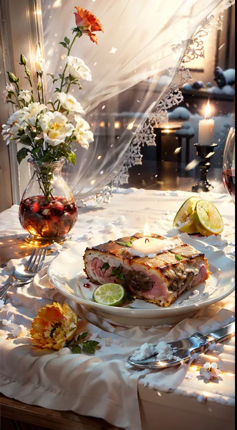 Extreme close-up，Clear，tmasterpiece，Bar，Delicious grilled meat on the table，claret，wineglass，fruit platter，Pottery vase with flowers，Bright lights，luz de velas，It was night outside the window，There is snow on the windowsill，Winters，Translucent curtains，in ...