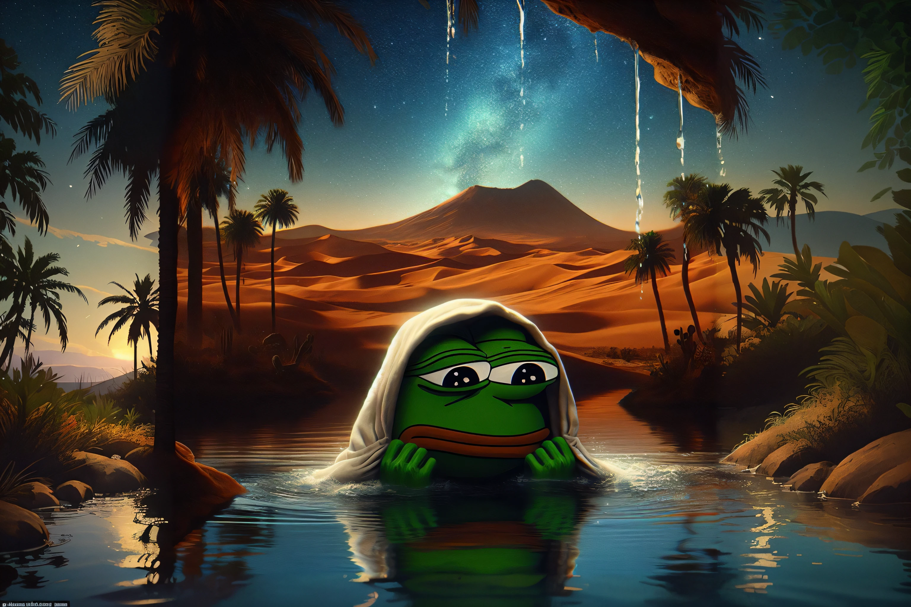 完美的數位藝術: 在綠洲用水洗臉的 Sadpepe meme 青蛙在水中拍攝的照片. 新鮮馬甲, 悲傷的臉. 夜間詳細的稀樹草原背景, 沙漠, 棕櫚樹, 平靜的水. 4K超高清壁紙, 細節無可挑剔的傑作, 最佳角度. 完美的藝術