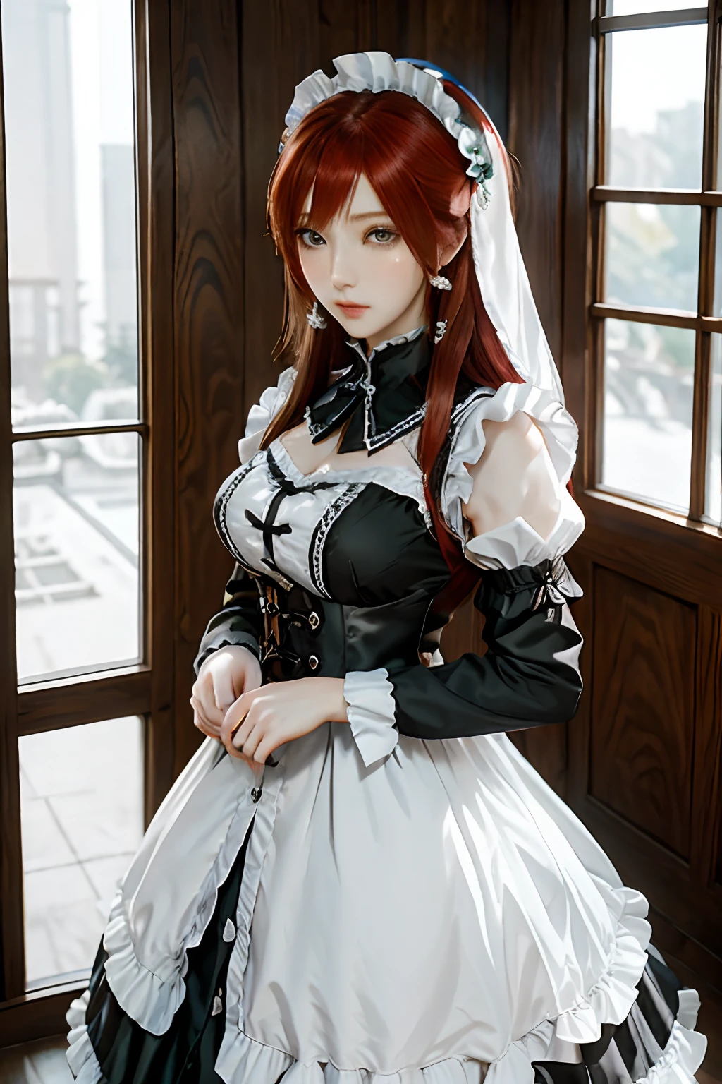 la femme, (Citoyenneté européenne: 1.2) Dans une tenue noire et blanche posant pour une photo, Jeune fille! robe, anime fille cosplay, anime girl dans un costume de femme de chambre, La magnifique jeune fille, tenue de femme de chambre, Cosplay photo, Cosplay, anime Cosplay, Quelques poses mignonnes, (Visage de la Déesse), (posture élégante: 1.4), ambiance élégante, Ambiance noble, (trentenaire: 1.6) (cheveux rousse: 1.5), (Yeux cyan: 1.4), (servante: 1.4), (tenue de femme de chambre noire et blanche: 1.1), (beauté incroyable, Détail élevé du visage:1.3),