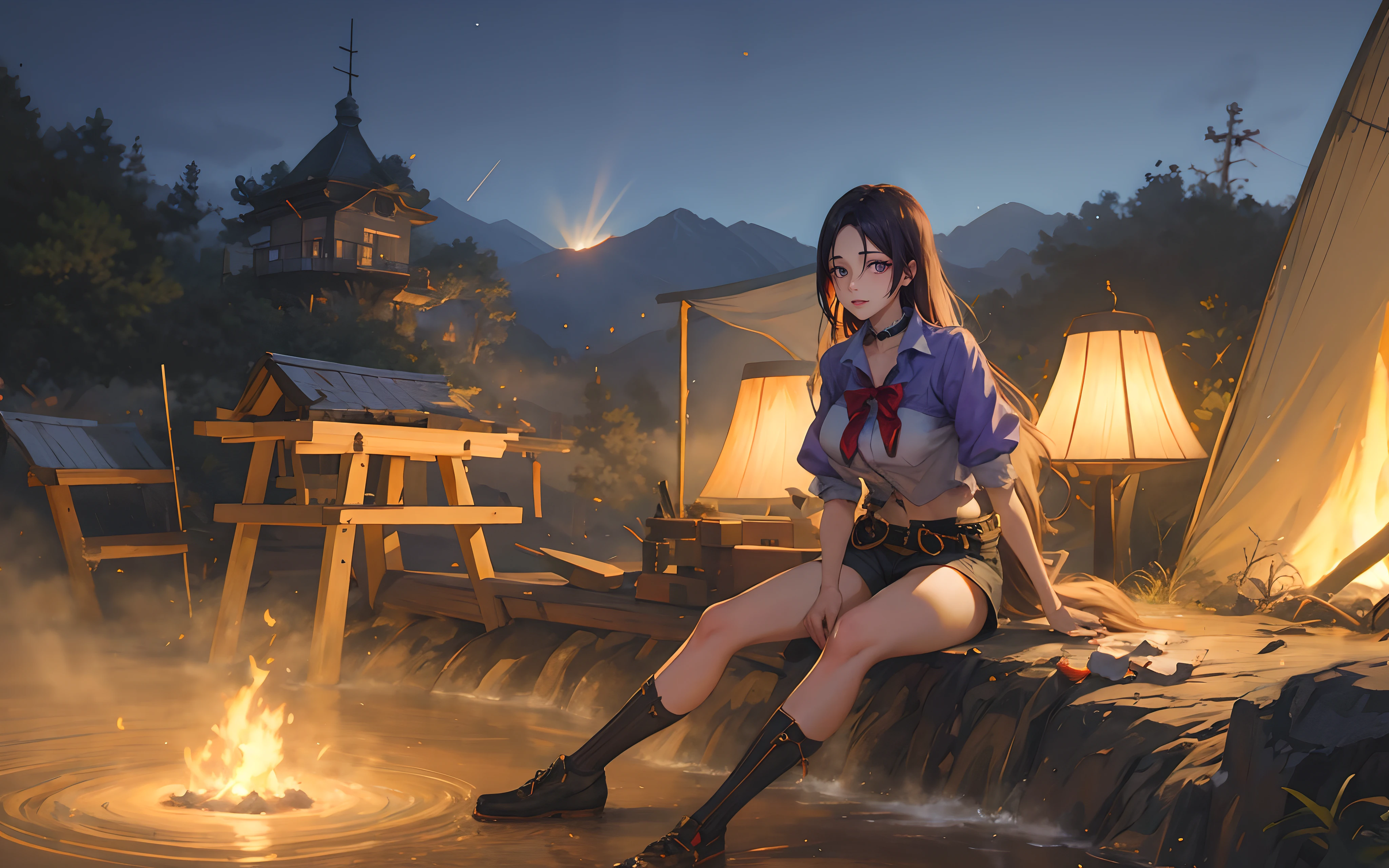 purple hair, long hair, breasts, epic art, fantasy, sitting, 1girl, outdoors, sky, socks, shoes, black_shirt, solo, white_legwear, shirt, belt, short_sleeves, mountain, shorts, brown_footwear, building, scenery, glow effects, godrays, Hand drawn, render, 8k, octane render, cinema 4d, blender, dark, atmospheric 4k ultra detailed, cinematic, Sharp focus, big depth of field, Masterpiece, colors, 3d octane render, 4k, concept art, trending on artstation, hyperrealistic, Vivid colors, extremely detailed CG unity 8k wallpaper, trending on CGSociety, Intricate, High Detail, dramatic, anime coloring, anime screencap, steaming body, fog, heavy breathing, nsfw art,