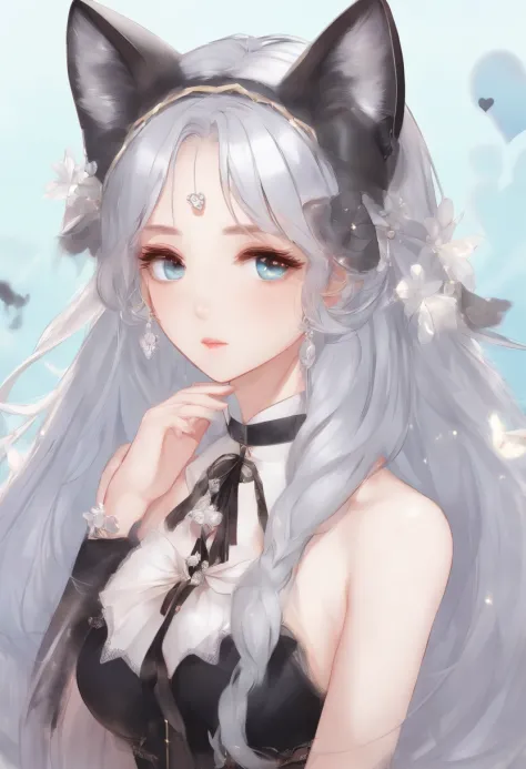 1girll,full bodyesbian,long eyelashes, Silver hair, light-blue hair, Gradient hair, hair pin, hairpin, hair ornaments, heart-shaped pupils, pink eyes, cat ears, slight smile, Shy, blusher, hearts in eyes, Anime Big Breasts, Anime style, 8K, super detaill, ...