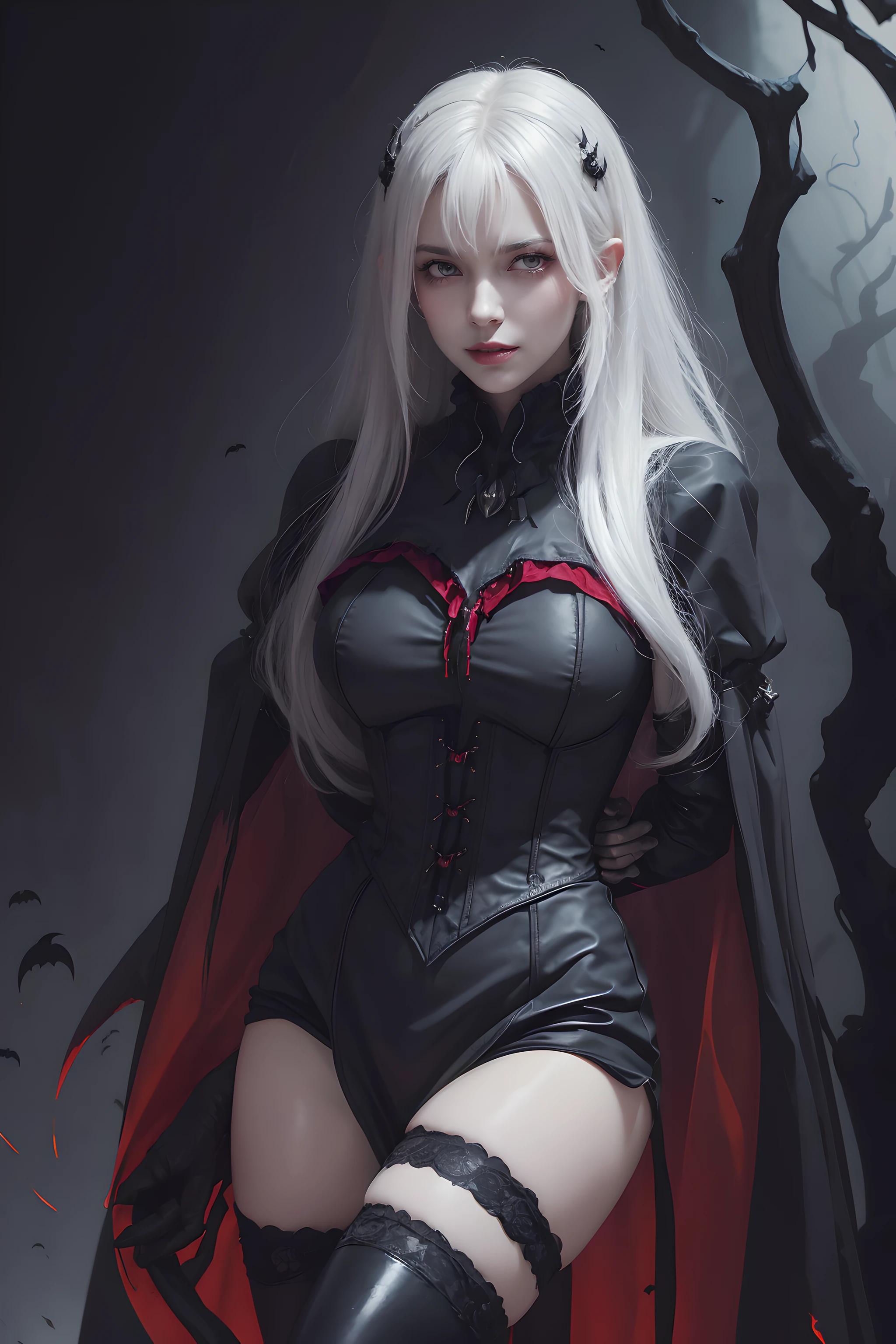 (Halloween theme:1.3), (fantasy:1.3), (vampire queen:1.3), (silver long hair:1.3), (red eyes:1.3), (vampire fangs:1.3), (extremely pretty and beautiful vampire queen:1.3), BREAK, Beautiful illustration, top-quality, (cute Russian vampire queen:1.3, Caucasian:1.3), having vampire features, (vampire queen:1.5), BREAK, (red eyes:1.5, pale skin:1.1), (beautiful, 20 years old:1.5), slim, slender, (big sagging breasts), (clean face:1.3), (vampire fangs:1.3), (ash hair:1.3), (white hair:1.3), (silver hair:1.3), BREAK, (black elegant full lacy gothic dress), (latex corset), (black latex stockings), (knee-high-over-boots, pin-hells), (insanely detailed clothes), (halloween costume), BREAK, ((arms behind back:1.5)), blue eyess, lovely thighs, (jack o'lantern:1.3), (looking straight at the viewer), (view viewer:1.3), (upper body:1.3), top angle, simple black background, (((dark background:1.5))), (halloween:1.5), (halloween background:1.5), (low-key lighting, (moody ambiance):1.2, dark shadows, subtle highlights, mysterious aura),