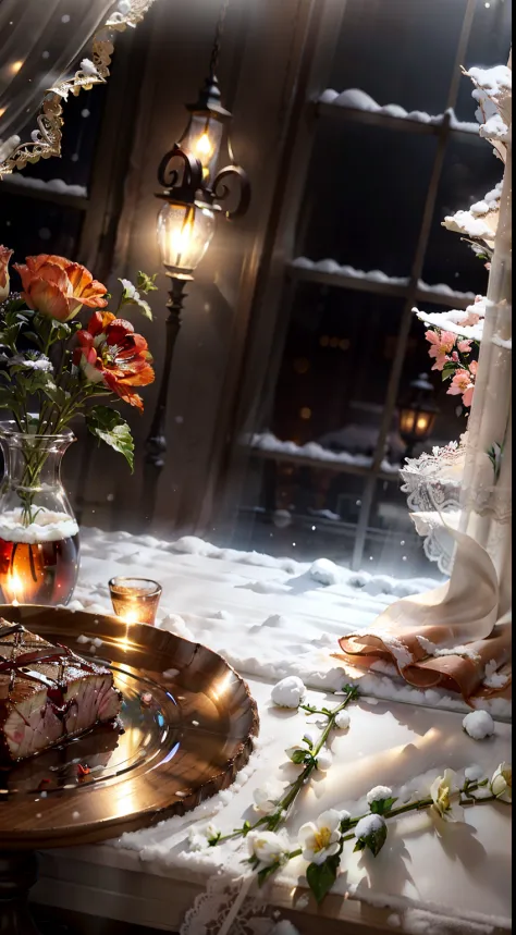 Extreme close-up，Clear，tmasterpiece，Bar，Delicious steak on the table，claret，wineglass，fruit platter，Pottery vase with flowers，Bright lights，luz de velas，It was night outside the window，There is snow on the windowsill，Winters，Translucent curtains，in the bar...