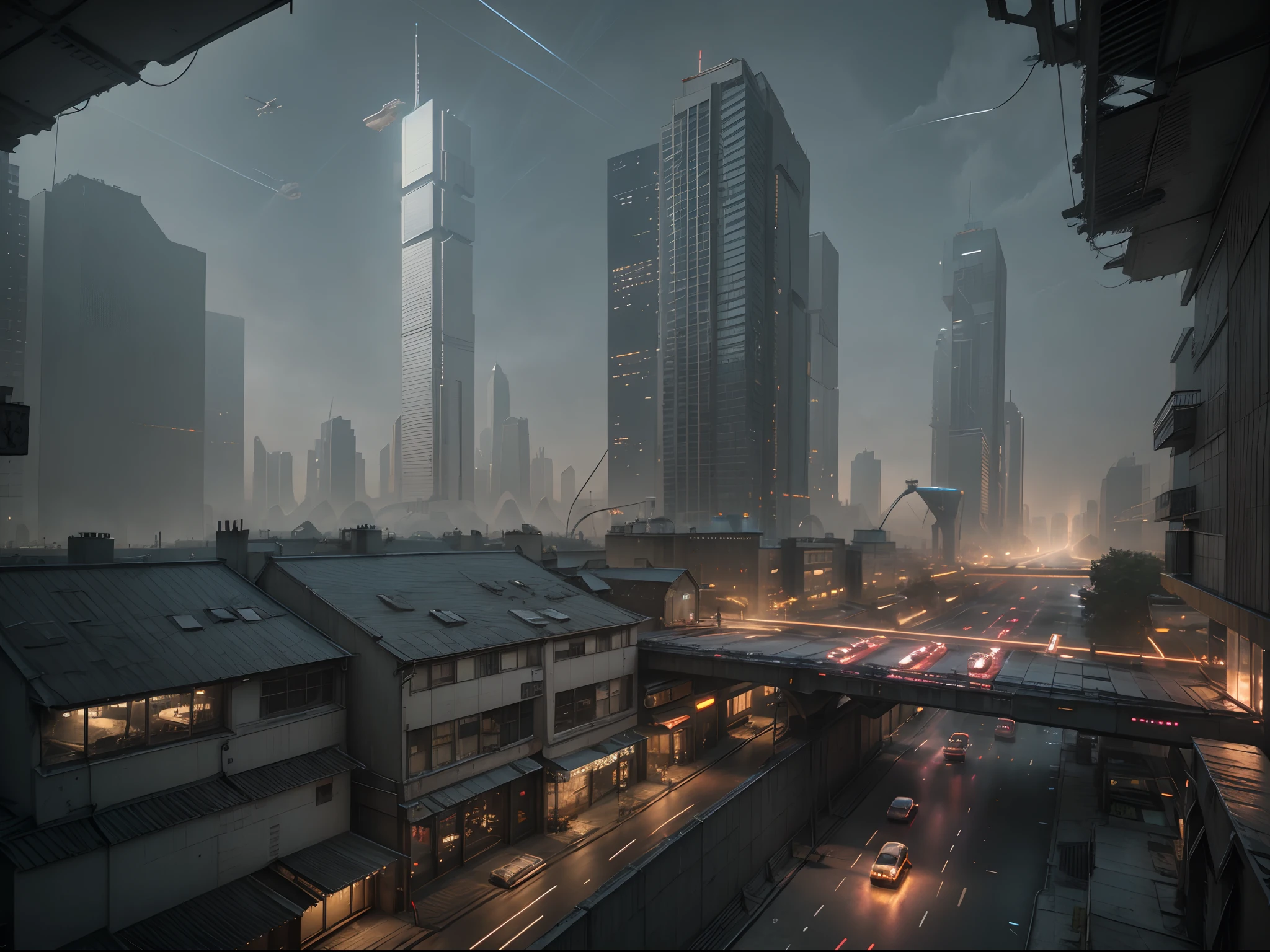 Cyberpunk cityscape street scene with towering skyscrapers, glowing neon signs and LED lights, traffic with futuristic cyberpunk cars and ((flying cars in the sky)), dark atmosphere, cinematic lighting, extremely detailed.