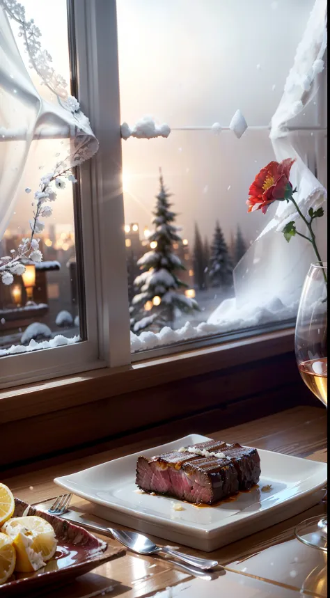 Extreme close-up，Clear，tmasterpiece，Bar，Delicious steak on the table，claret，wineglass，fruit platter，Pottery vase with flowers，Bright lights，luz de velas，It was night outside the window，There is snow on the windowsill，Winters，Translucent curtains，in the bar...