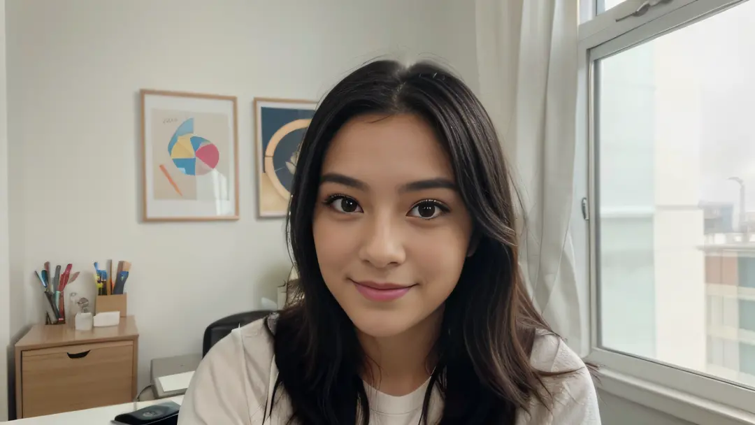 portrait of a cute girl FILMING HERSELF FOR YOUTUBE , sitting correctly in an office, black hair, explaining, long eyelashes, upper body, solid circle eyes, cute small nose , light smile, facing viewer, Surrealism, drop shadow, 8k, super detail, best quali...