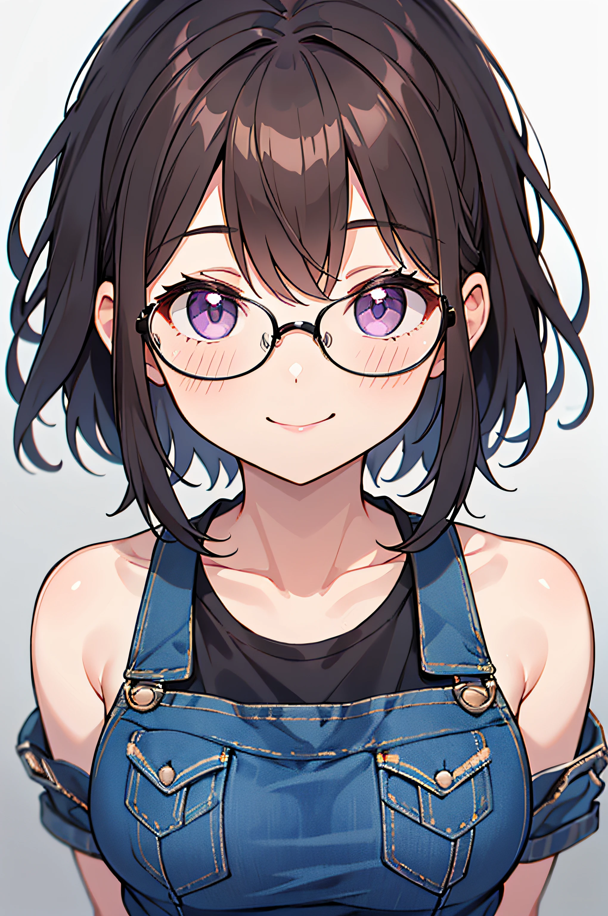 1girl , short brown hair ,light purple eyes, wearing black shirt , denim short , glasses, 8k texture , ultra resolution , looking at viewer , smile