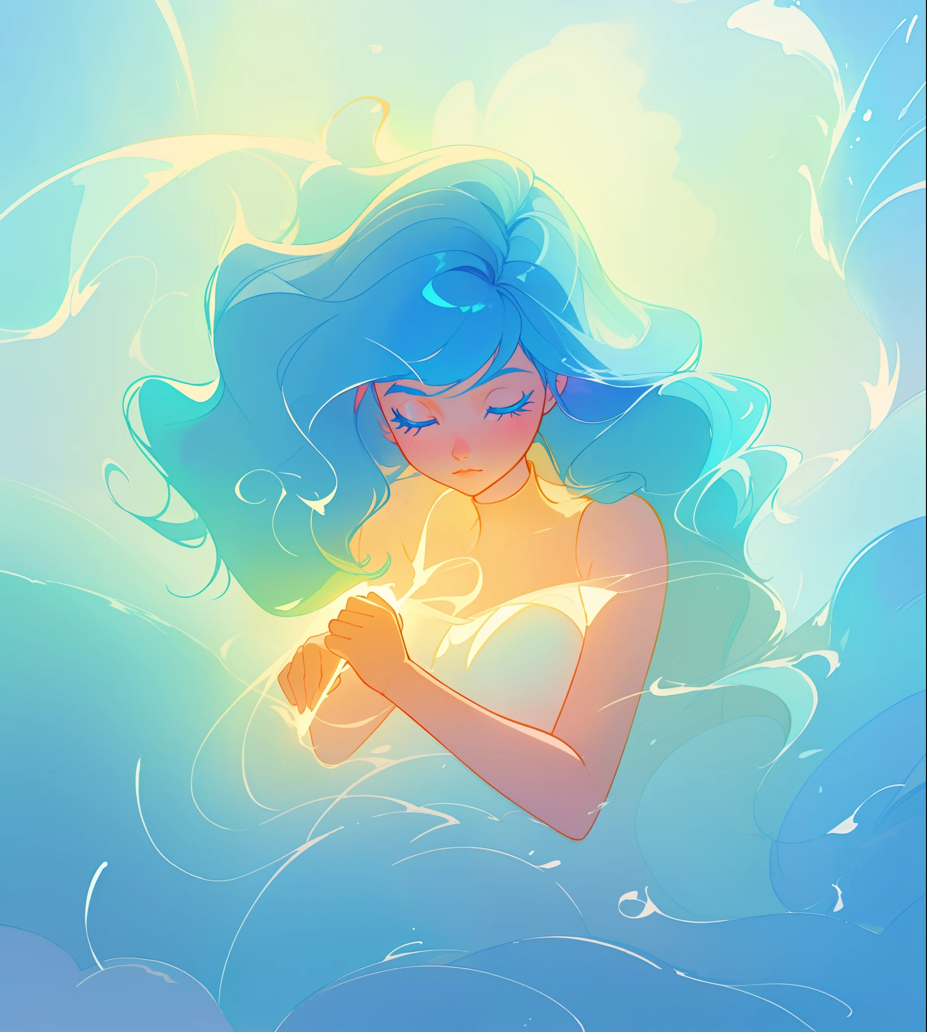 A Cartoon Girl With Blue Hair And A White Dress In The Water - Seaart Ai