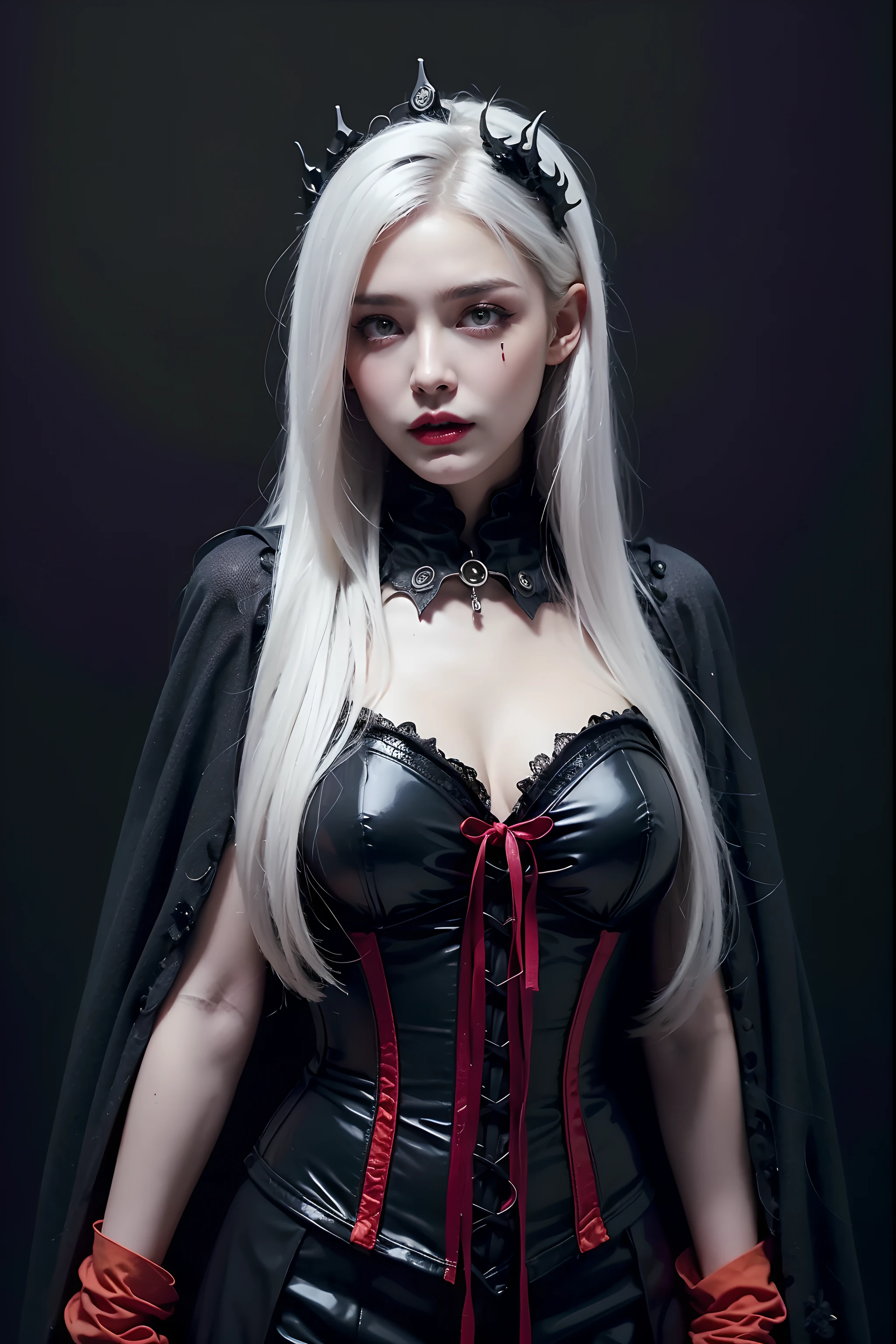 (Halloween theme:1.3), (fantasy:1.3), (vampire queen:1.3), (silver long hair:1.3), (red eyes:1.3), (vampire fangs:1.3), (extremely pretty and beautiful vampire queen:1.3), BREAK, Beautiful illustration, top-quality, (cute Russian vampire queen:1.3, Caucasian:1.3), having vampire features, (vampire queen:1.5), BREAK, (red eyes:1.5, pale skin:1.1), (beautiful, 20 years old:1.5), slim, slender, (big sagging breasts), (clean face:1.3), (vampire fangs:1.3), (ash hair:1.3), (white hair:1.3), (silver hair:1.3), BREAK, (fusion of red medieval cape dress and black elegant full lacy gothic dress), (latex corset), (black latex stockings), (knee-high-over-boots, pin-hells), (insanely detailed clothes), (halloween costume), BREAK, ((arms down:1.5)), blue eyess, lovely thighs, (jack o'lantern:1.3), (looking straight at the viewer), (view viewer:1.3), (upper body:1.3), top angle, simple black background, (((dark background:1.5))), (halloween:1.5), (halloween background:1.5), (low-key lighting, (moody ambiance):1.2, dark shadows, subtle highlights, mysterious aura),