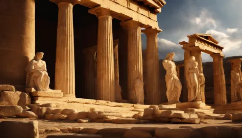 An epic, top-quality image depicting a divine encounter of mythological proportions. The twelve most powerful Greek gods are gathered amidst the majestic ruins of an ancient Greek temple. The setting is grand and evokes a sense of antiquity and splendour. ...