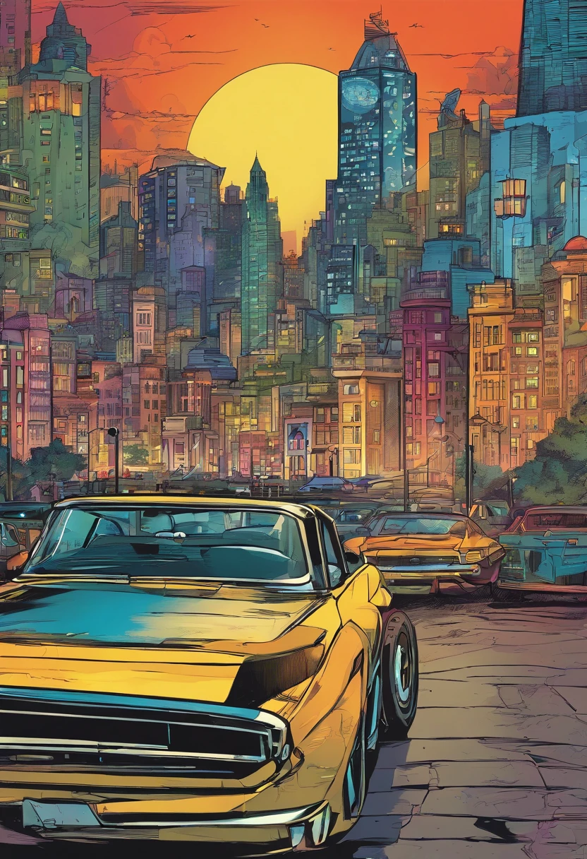 A painting of a yellow car parked in front of a city - SeaArt AI