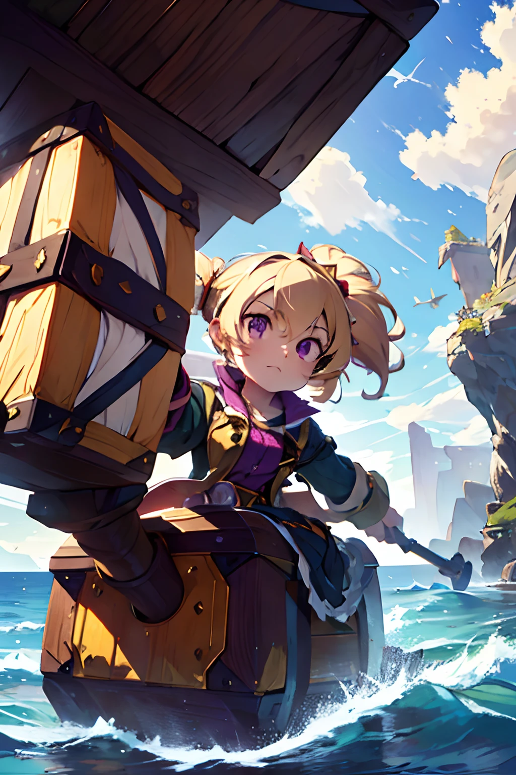 Highly detailed, High Quality, Masterpiece, beautiful, Poppy, yordle, pirate clothes, victorian pirate clothes, 1girl, solo, purple skin, blonde hair, carrying a giant hammer, giant hammer, Impressionist landscape of a ocean coast in autumn