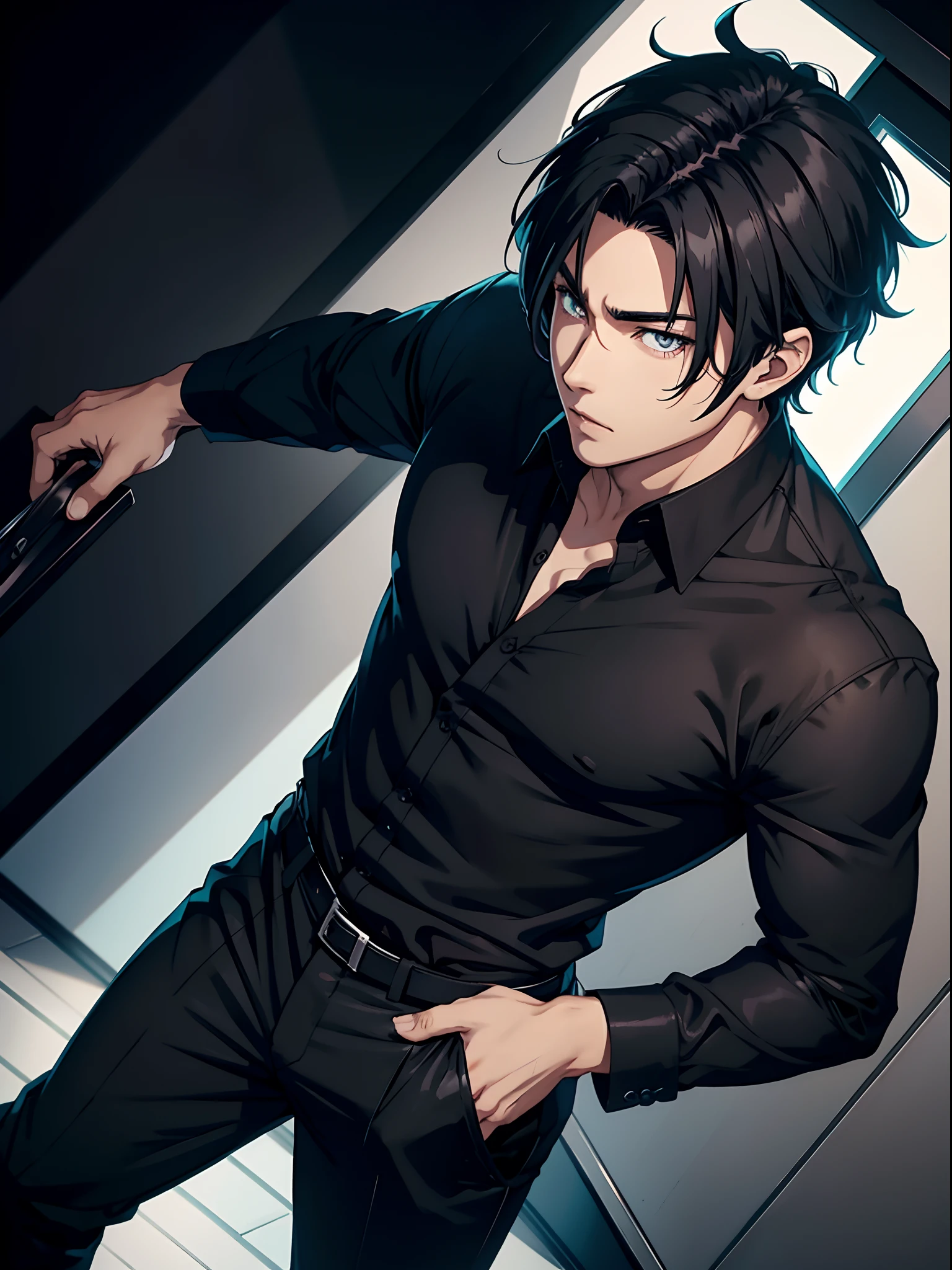 Anime guy in black shirt and black pants holding a gun - SeaArt AI