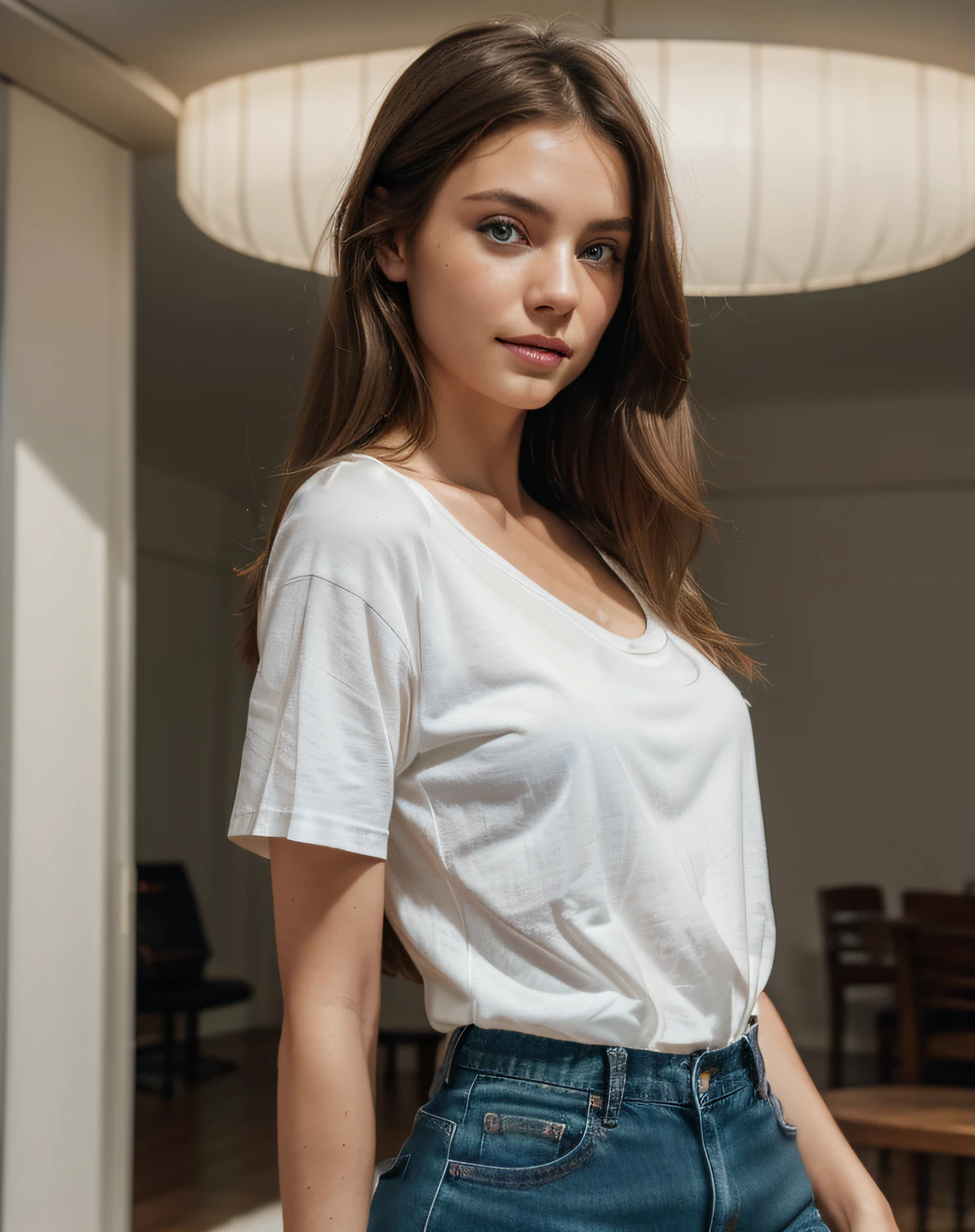 beautiful european girl with green eyes and brunette hair, wearing jean pants and white croopted t-shirt, smilling, ultra high resolution, (photorealistic: 1.4), high resolution ,( blue eyes), (finely detailed skin), (perfectly proportions) (photos realistic) (masterpiece) (photorealistic), ultrarealistic (Best Quality) (Detailed) photographed in a Canon EOS R5, 50mm Lens, F/2.8, (8K) (Wallpaper) (Cinematic lighting) (Dramatic Lighting) (Convoluted) Fashion