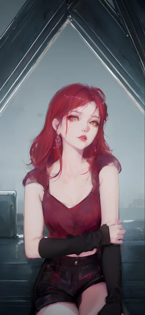 Anime girl with red hair and black gloves sitting on a bench, artwork in the style of guweiz, guweiz, ig model | artgerm, rossdraws portrait, extremely detailed artgerm, portrait anime girl, inspired by Yanjun Cheng, style artgerm, Beautiful anime portrait...