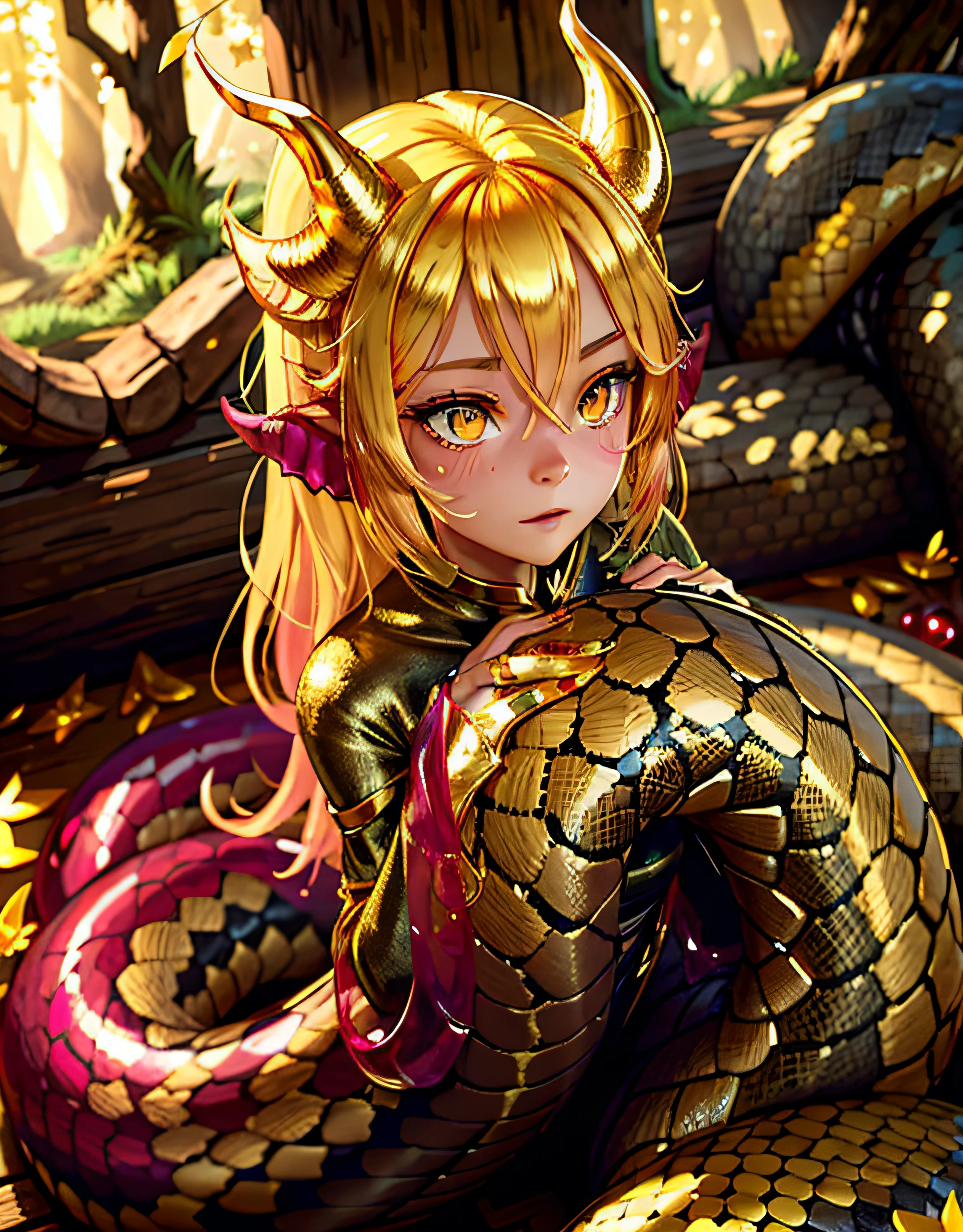 detailed snake skin, (Adult ), solo focus, (lamia), stoic, monster girl, (short horns), beautiful eyes, beautiful background, abandoned cabin, forest, light particles, sun rays, dramatic lighting, outside, grass, leaves, shiny (gold, ruby, yellow gradient:1.5), realistic, masterpiece, best quality, ultra-detailed, detailed, scenery, beautiful detailed eyes, detailed blonde hair