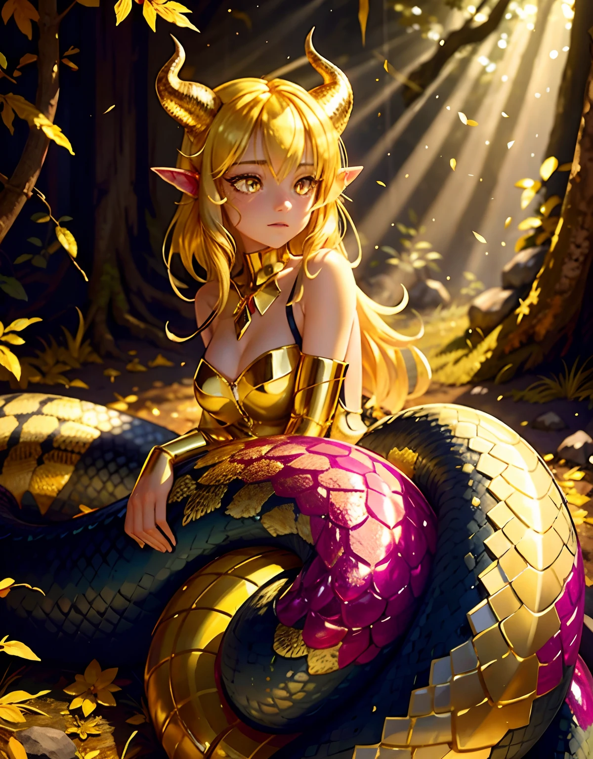detailed snake skin, (Adult ), solo focus, (lamia), stoic, monster girl, (short horns), beautiful eyes, beautiful background, abandoned cabin, forest, light particles, sun rays, dramatic lighting, outside, grass, leaves, shiny (gold, ruby, yellow gradient:1.5), realistic, masterpiece, best quality, ultra-detailed, detailed, scenery, beautiful detailed eyes, detailed blonde hair