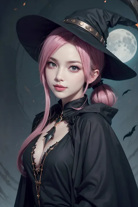 portrait of a beautiful halloween girl wearing (black magic girl costume), (fusion of black magic girl robe: and school girl uni...
