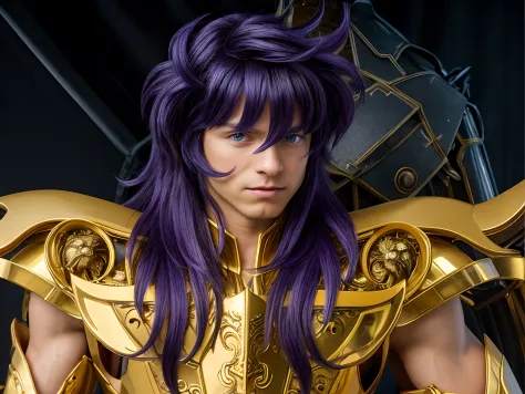 Cinematic stunningly detailed and ultra-realistic Milo Scorpio of Saint Seiya. Close up. He is wearing a golden detailed medieval armor. Shoulder armor. Muscular.  He is a handsome caucasian man about 35 years old. 1boy.  Detailed face. Beautiful nose. (Pr...