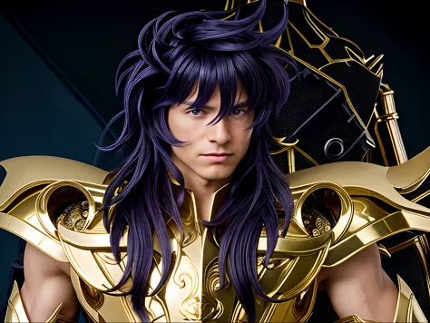 Cinematic stunningly detailed and ultra-realistic Milo Scorpio of Saint Seiya. Close up. He is wearing a golden detailed medieval armor. Shoulder armor. Muscular.  He is a handsome caucasian man about 35 years old. 1boy.  Detailed face. Beautiful nose. (Pr...
