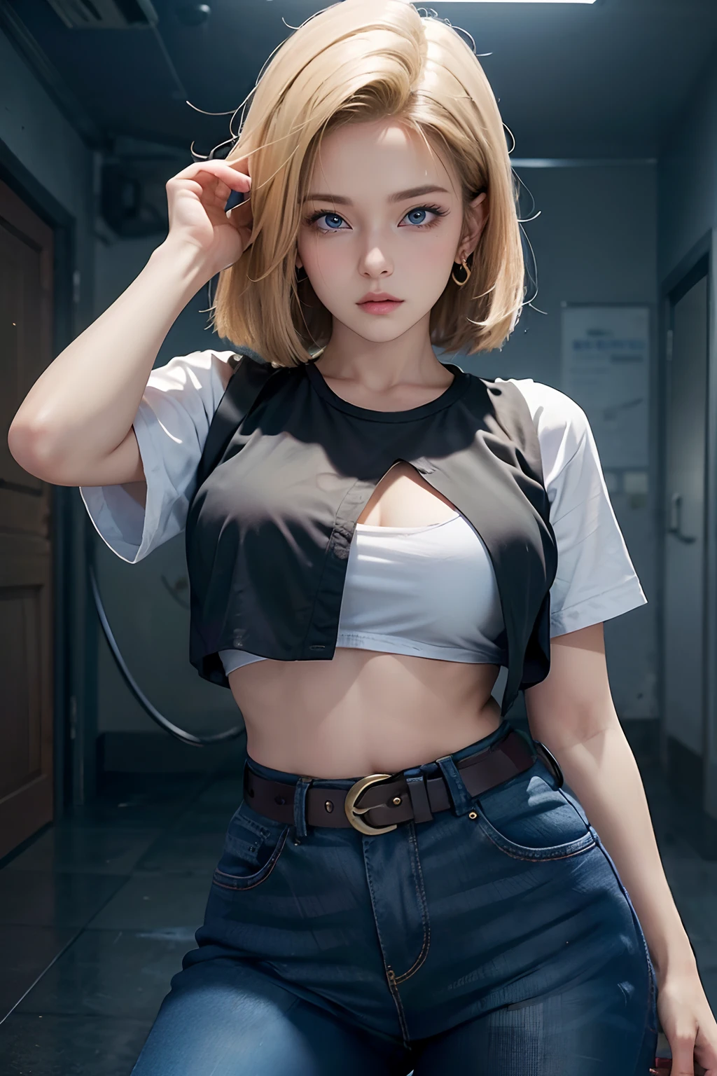 hyper detailed image, uhd, 16K, professional foto, (Realistic photo of Android-18 from Dragon Ball Z)  goddess of beauty, very straight short blonde hair, severe facial expression, ((She wears a blue denim jacket and a white cropped shirt., Short white underground showing breast meat)), Erotic, open denim jacket showing your big, Beautiful and perfect breasts, (breastsout, longos breastsout pontiagudos saindo da jaqueta), she wears a belt and a (blue denim skirt lifted showing micro panties stuck in the , bubian hair showing), Brown boots, perfect hands and fingers,
  android 18, sexy saiyan girl, She unleashes bursts of power, anguish, offcial art, Android-18 Sexy feminino, official character art, sexy female protagonist, slim and toned body curved :8, Aanguishri Toriyama, Director: traits of Aanguishra Toriyama, bulma from dragon ball, best anime character design, Stroke style by Aanguishra Toriyama, Cute single character, semi-, (great lighting)