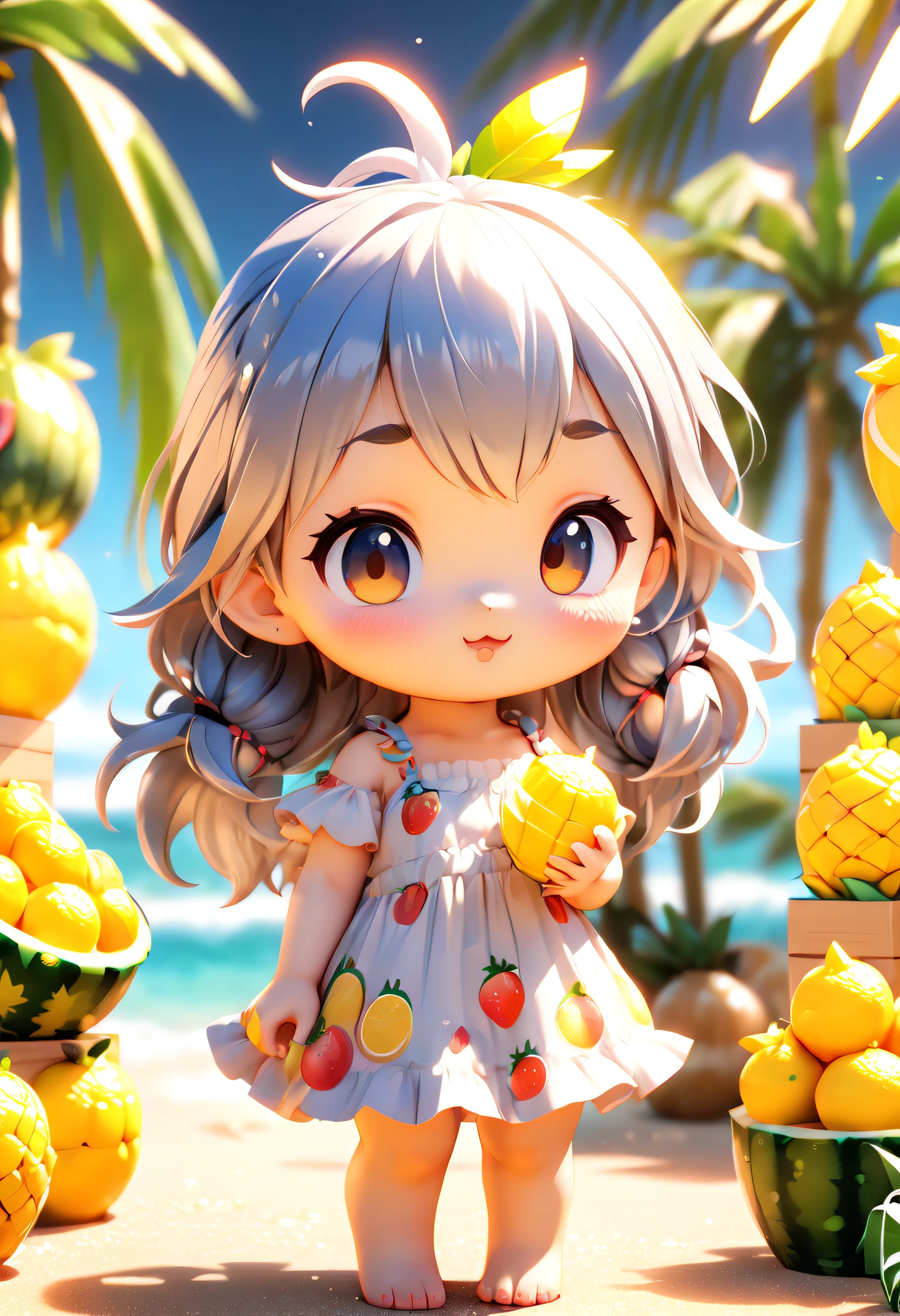 Baby Chibi, Eiswürfel, Ananas, Besondere Merkmale, Blindbox-Stil und Modell mit beliebtem Marktstil, Das Sonnenlicht scheint, Octane-Rendering und Blender, Hyperqualität, Scharfe Funktionen, Ultra HD und 8K Auflösung,Coole handgezeichnete Illustration，Wegfliegen