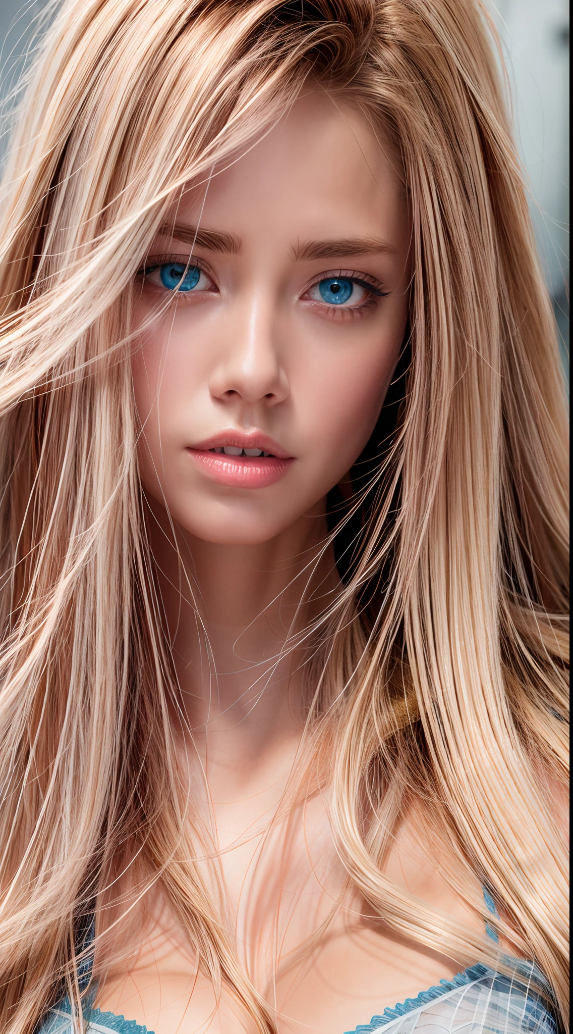 A Close Up Of A Woman With Long Blonde Hair And Blue Eyes Seaart Ai