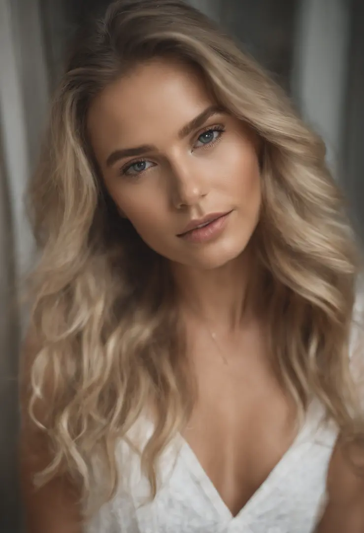 Blonde woman with long hair and white bra top taking a selfie, rosto sexy com maquiagem completa, maquiagem sutil, Retrato Sophie Mudd, Cara Sexy, impeccable face, natural soft pale skin, rosto perfeito ), beautiful face and flawless skin, foto retrato sua...
