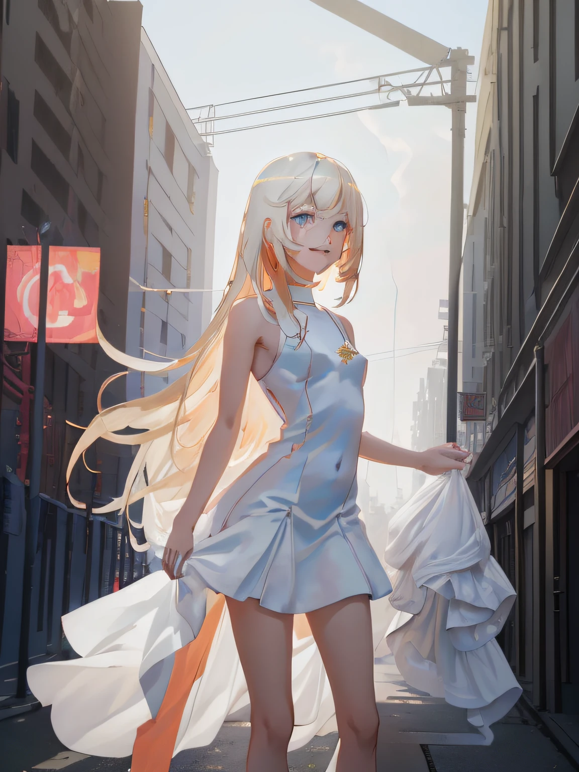 (((Masterpiece, Best Quality, High Resolution))), Cyberpunk slender young girl, White long hair, Full-length in a short dress, is looking at the camera, against the backdrop of the city, white short dress, naked legs, brightness, Masterpiece, Best Quality, 1girl, hiquality, Ultra Detailed, ((lifelike skin)), ((realistic face)),(illustartion:1.05), (Beautiful:1.05), (beautiful detail eyes:1.05), Form-fitting silhouette, Slim, small breasts, white clothing. Faraway view. full-length photo, The wind lifts the dress, Smile, 1 girl