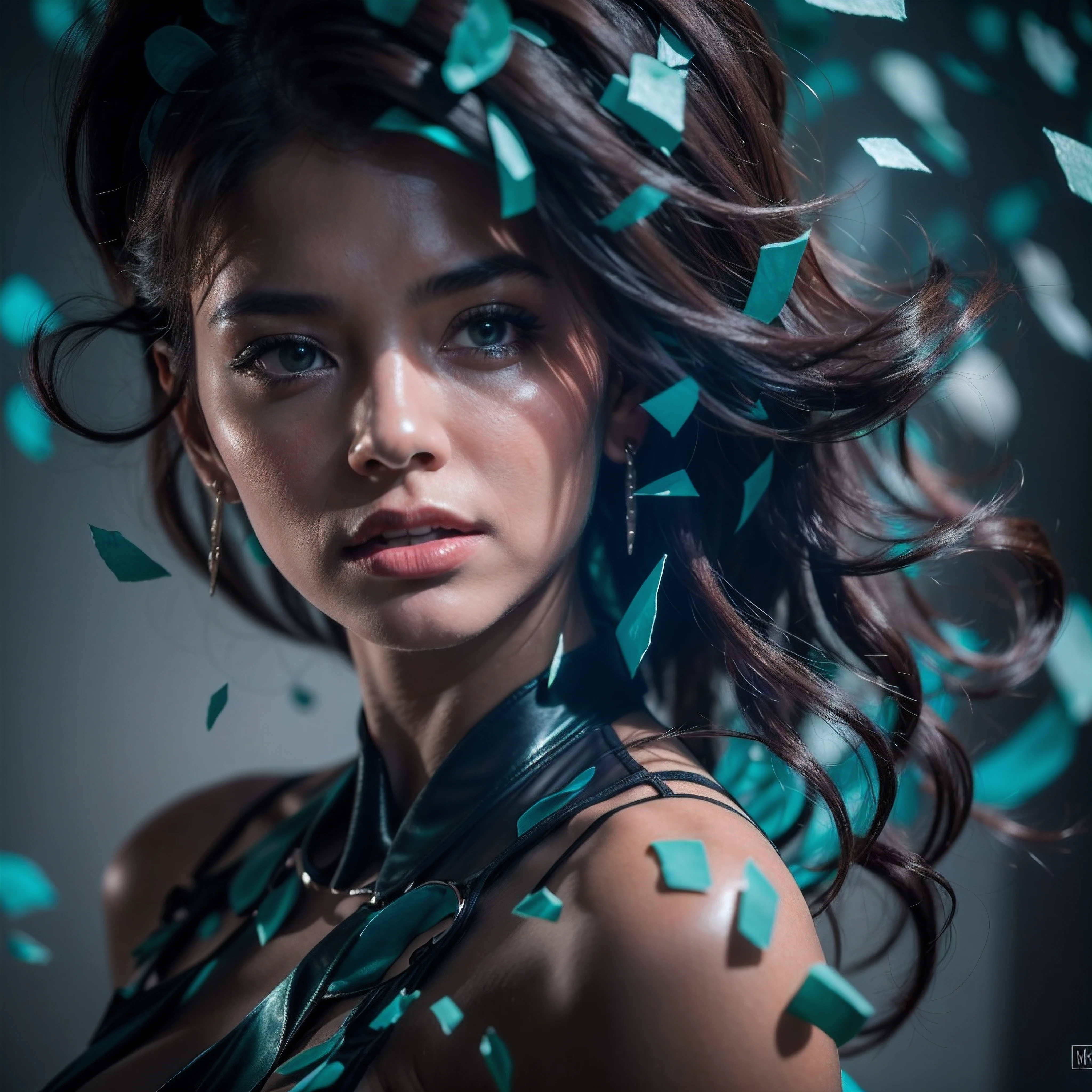 (Cinematic, emotional:1.3), (dynamic pose:1.2), (complex image:1.2), portrait of a woman striking a dynamic pose against a turquoise backdrop, glass shards around her, voluminous black hair highlighted, confident expression profiled, (small breasts, white accents), the photograph captured in stunning 8k resolution and raw format to preserve the highest quality of details, (her eyes are portrayed with meticulous attention to detail: 1.3), The photograph is taken with a lens that emphasizes the depth in her eyes, the backdrop is a dark room setting that enhances the colours of the scene. The lighting and shadows are expertly crafted to bring out the richness of her skin tone and the intense atmosphere. Her hair adds contrast against her skin, the overall composition captures her essence with authenticity and grace, creating a portrait that celebrates her heritage and beauty. Photography utilizing the best techniques for shadow and lighting, to create a mesmerizing portrayal that transcends the visual,