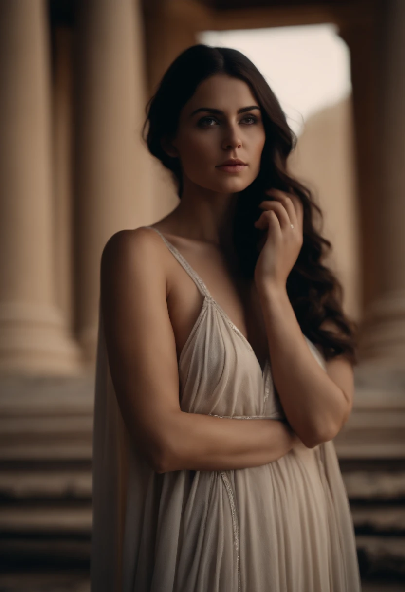 Greek Goddess Hestia, Greek temple background with several round bonfires, incluir fogo, Set the figure's outfit as a long, flowing tunic, muito transparente, corpo rico em detalhes esguio e elegante.