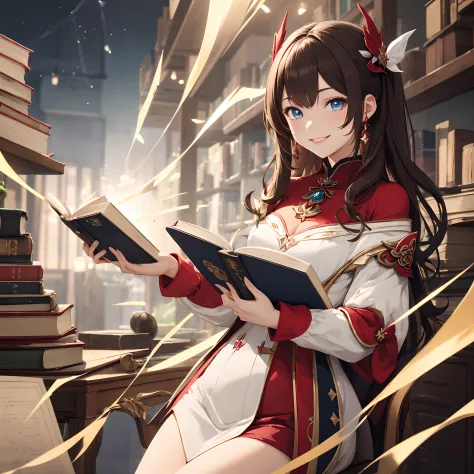 masterpiece, high res, 1 girl, Genshin Impact, red magical mage clothes, blue eyes, brown hair, smile, magical book