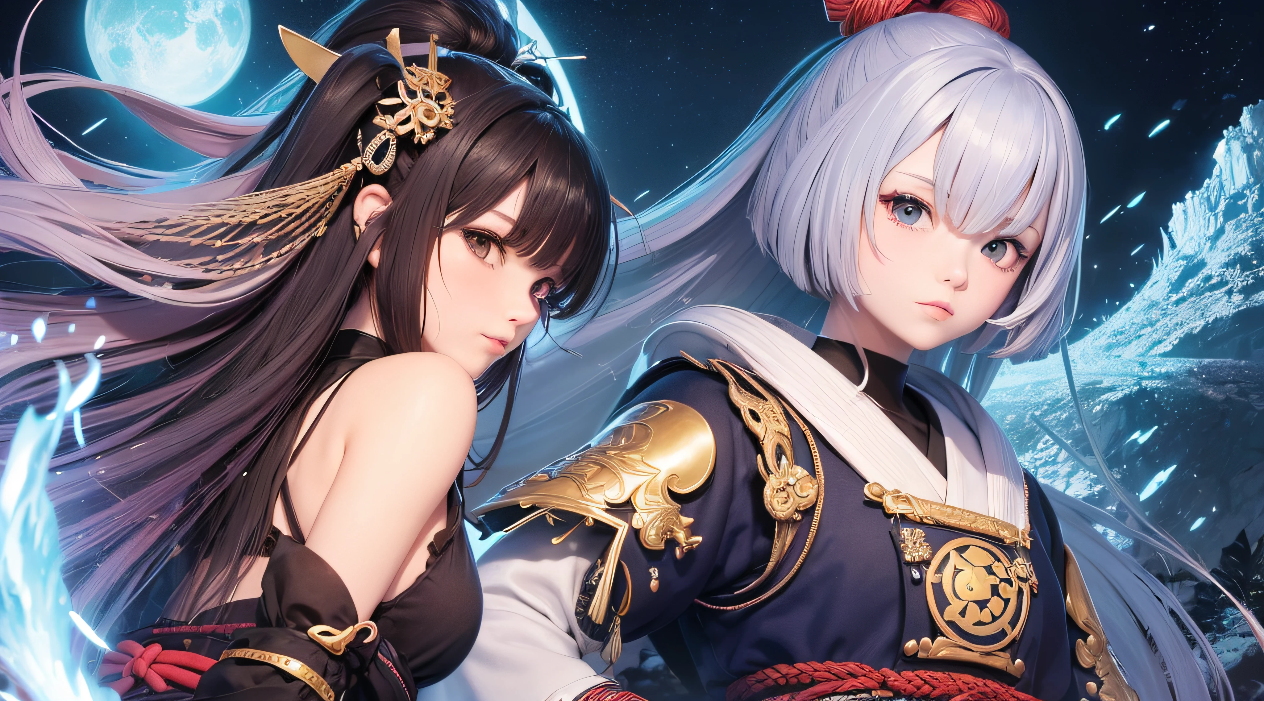 Two anime characters dressed in costumes with long hair and a sword -  SeaArt AI