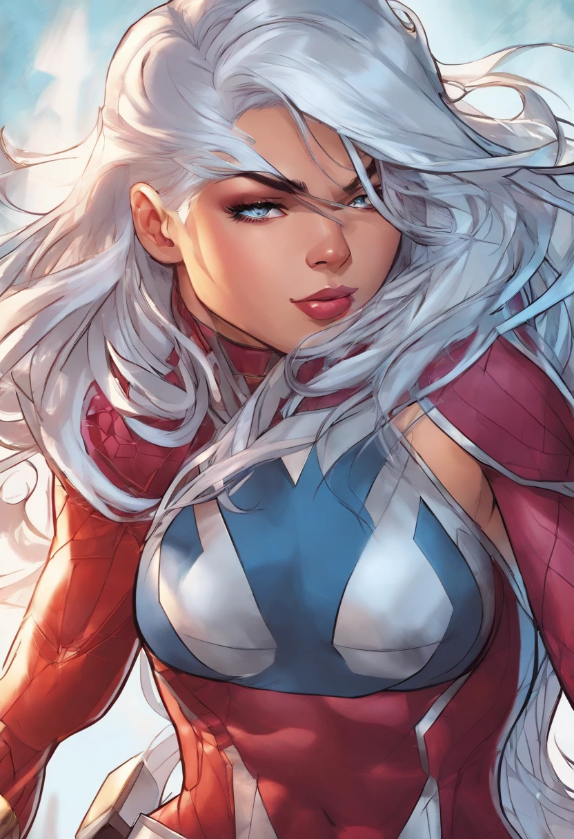 A woman with white hair and a red and blue costume - SeaArt AI