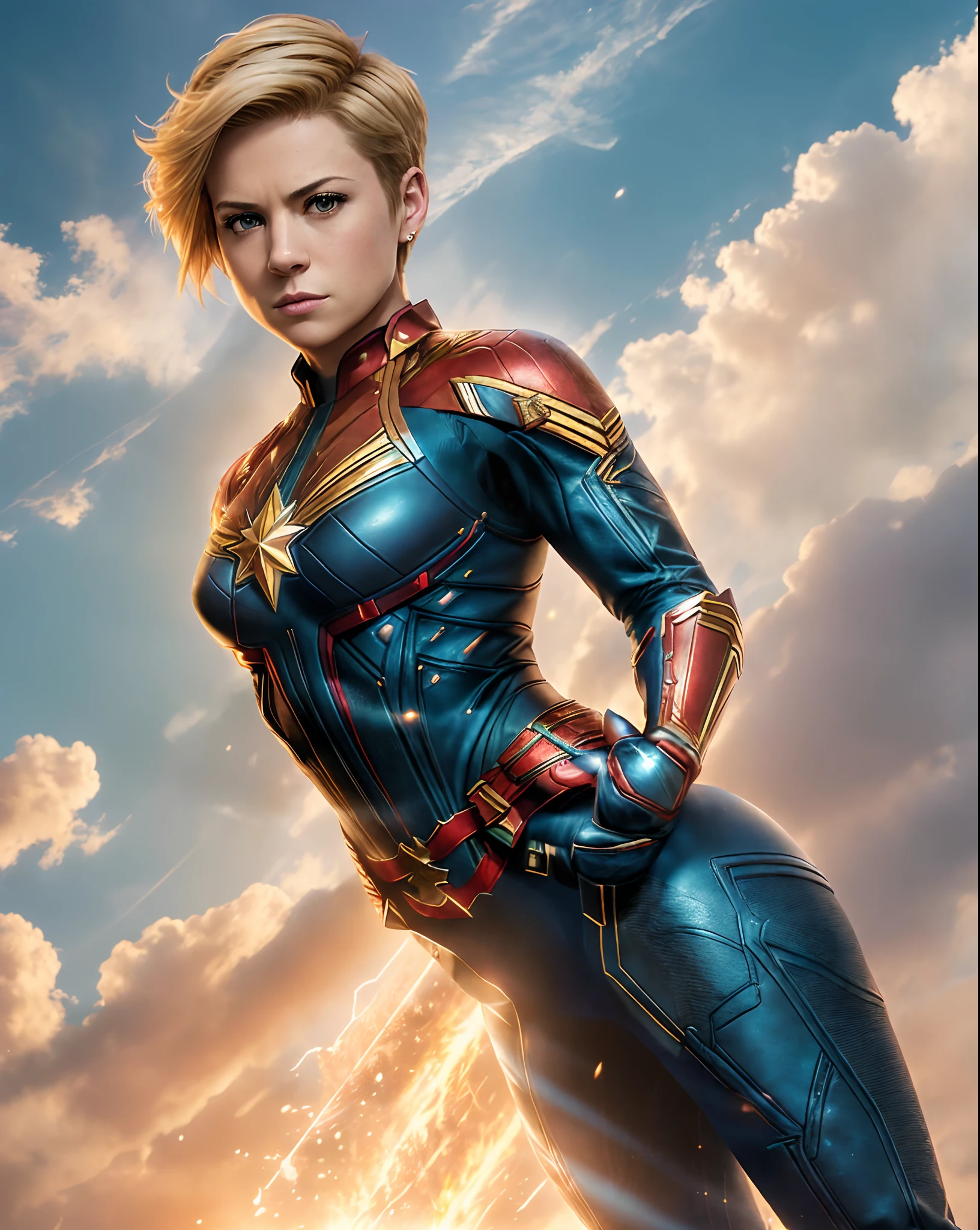 full body shot of kathwin:1,side lighting,(short pixie hair:1.3),rim lighting on hair, shallow sharp depth of field, feminine heroic,(curvy:1.4), (highly detailed), (Award winning), (Masterpiece), movie still, (HDR), (8k wallpaper),captain marvel suit,flying,sky background,female focus