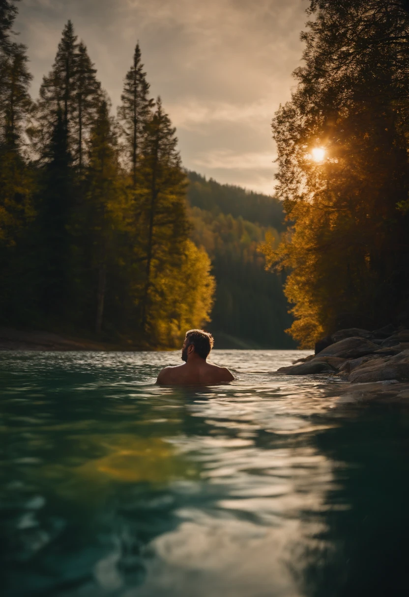 A man swimming in a river with trees in the background - SeaArt AI