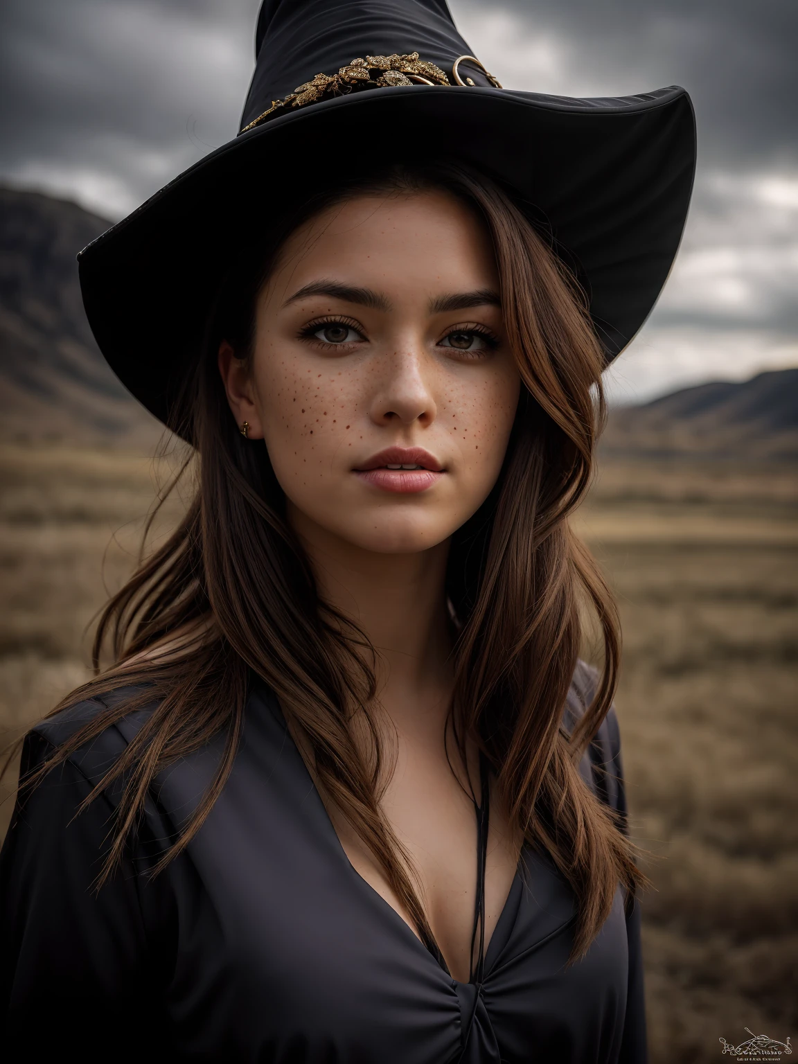 photorealistic, 35mm, intricate details, hdr, intricate details, hyperdetailed, natural skin texture, hyperrealism, sharp, 1 girl, adult (elven:0.7) woman, freckles, grey eyes, chestnut layered hair, portrait, looking down, solo, half shot, detailed background, witch, magical atmosphere, hair flowing in the wind, red trimmed light colored clothes, whirlwind of swirling magic spell in the air, dark magic, (style-swirlmagic:0.8), floating particles, desolate battlefield background, backlighting,